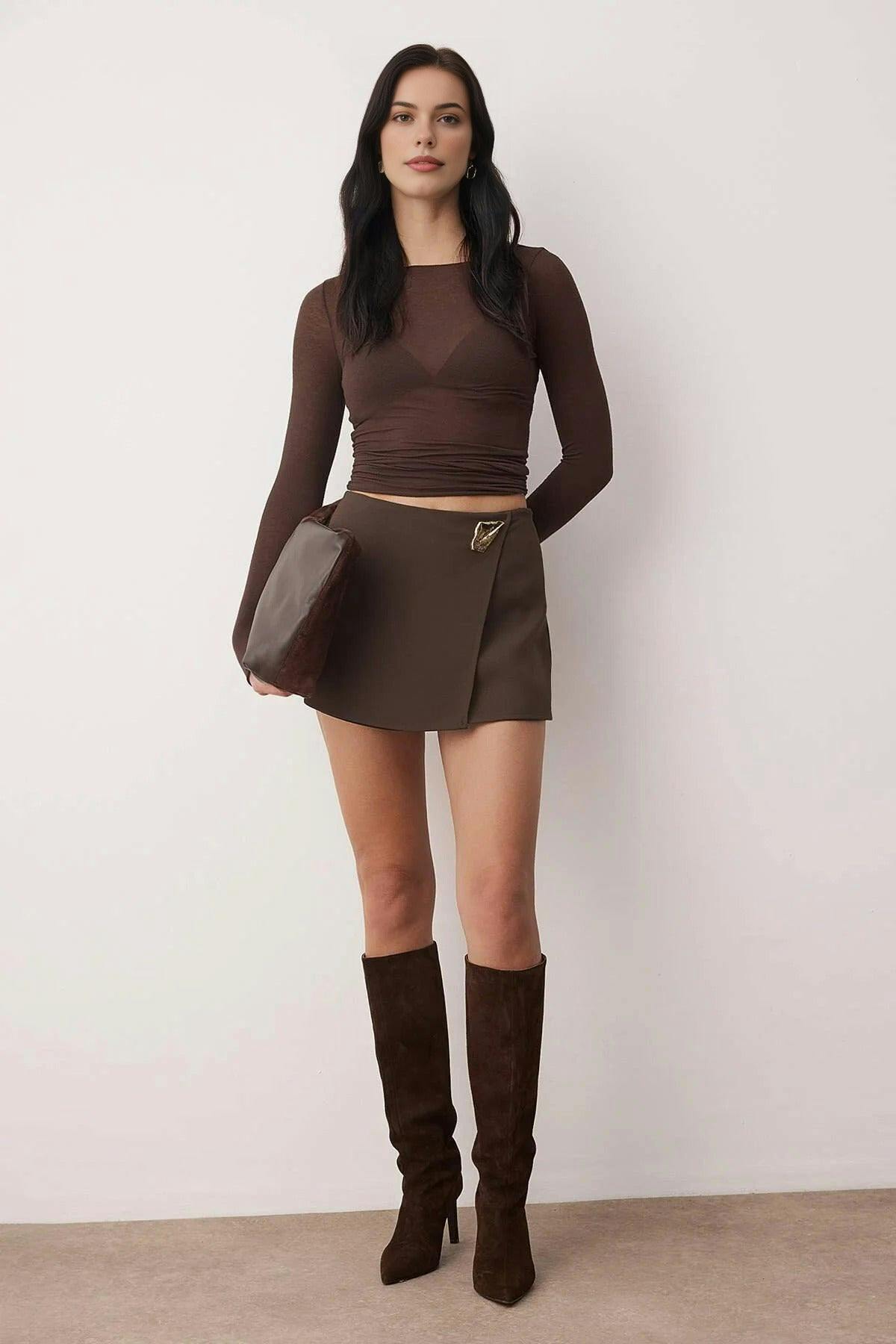 Wovcor Brown Woven Short Skirt With Accessory Details - 12