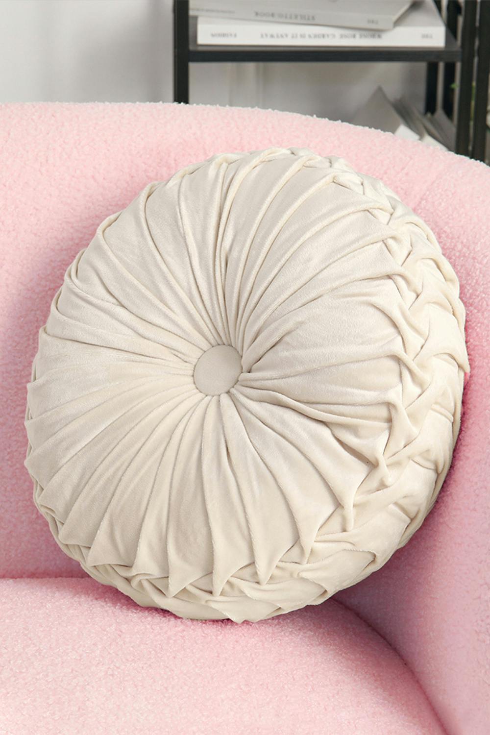 Living And Home Beige 45Cm Round Velvet Pleated Pumpkin Cushion