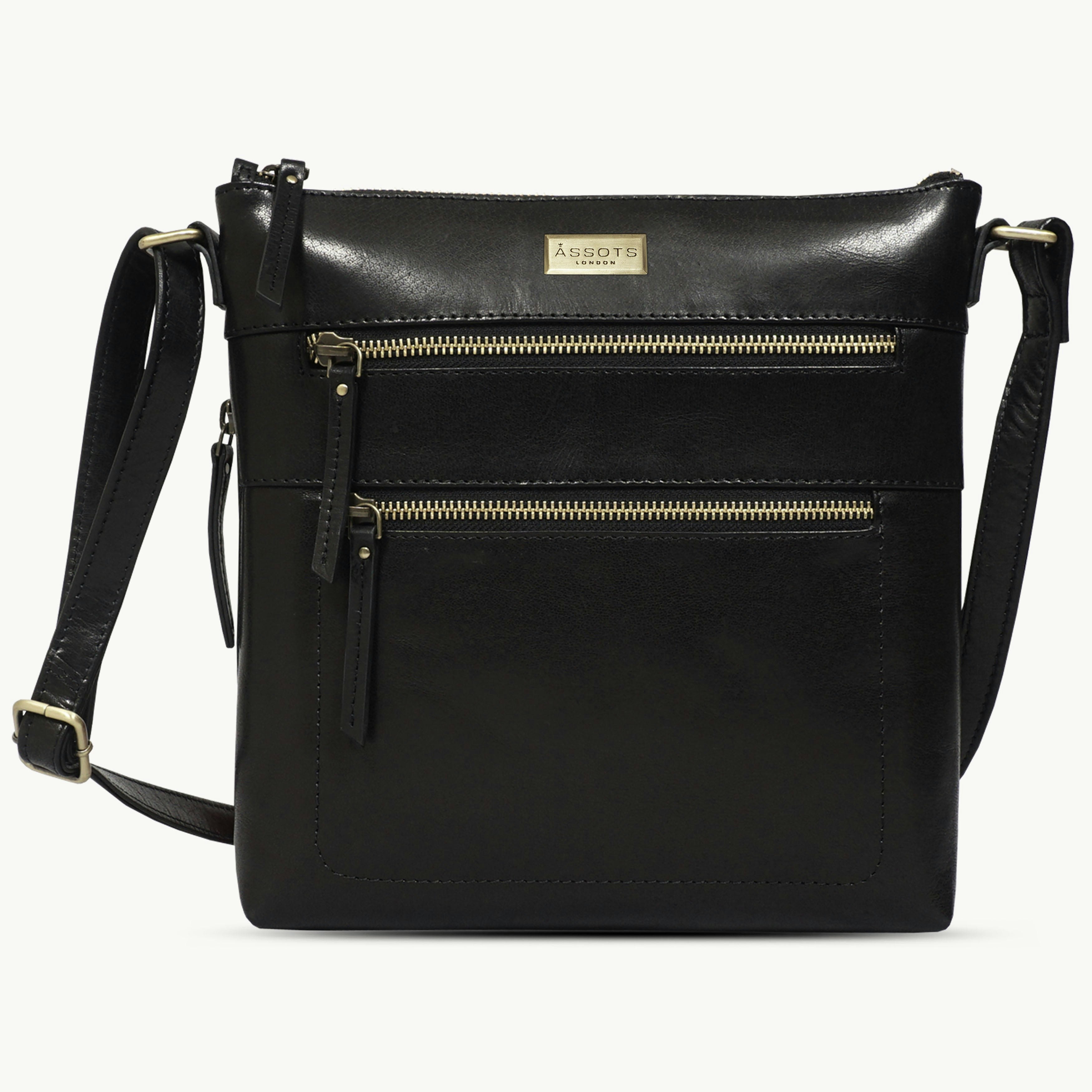Assots London Black 'Cori' Polished Vt Real Leather Crossbody Bag
