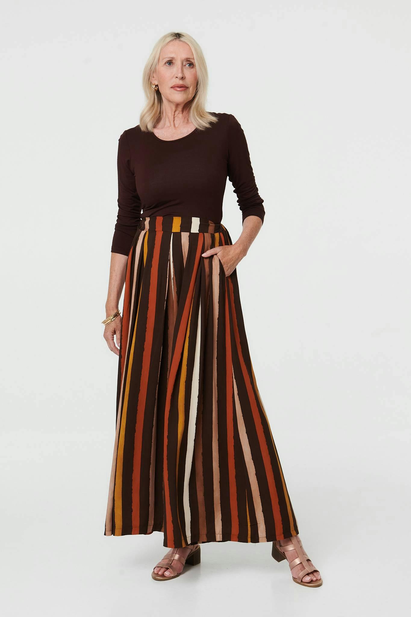 Izabel London Brown Striped High Waist Wide Trousers - M