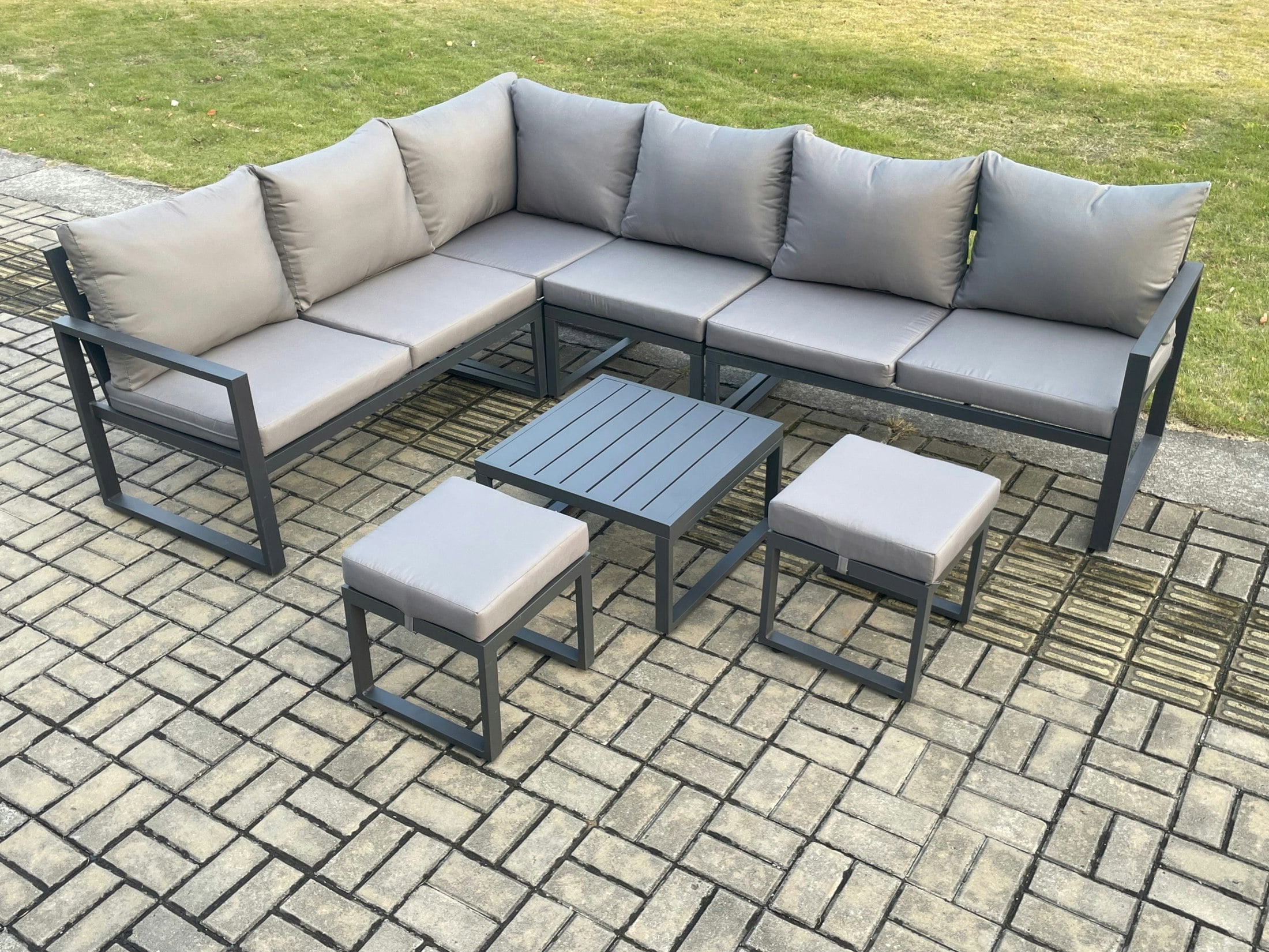 Rackhams Dark/Grey 8 Seater Aluminium Garden Furniture Set Outdoor Lounge Corner Sofa Square Coffee Table Sets With 2 Small Footstools