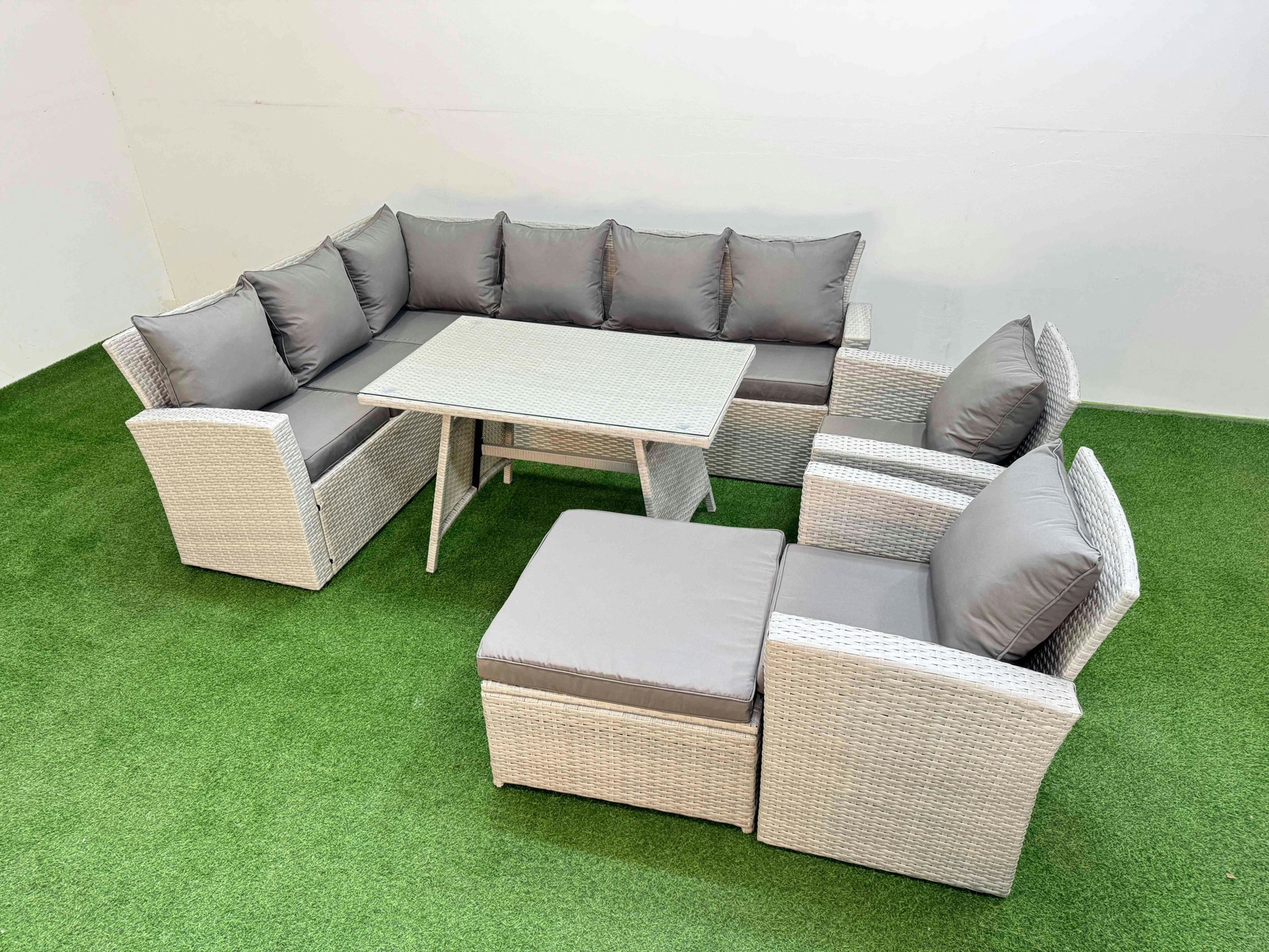 Fimous Light/Grey Garden Outdoor Rattan Furniture Set Rattan Corner Sofa Oblong Dining Table With 2 Armchairs Big Footstool Mixed 9 Seater