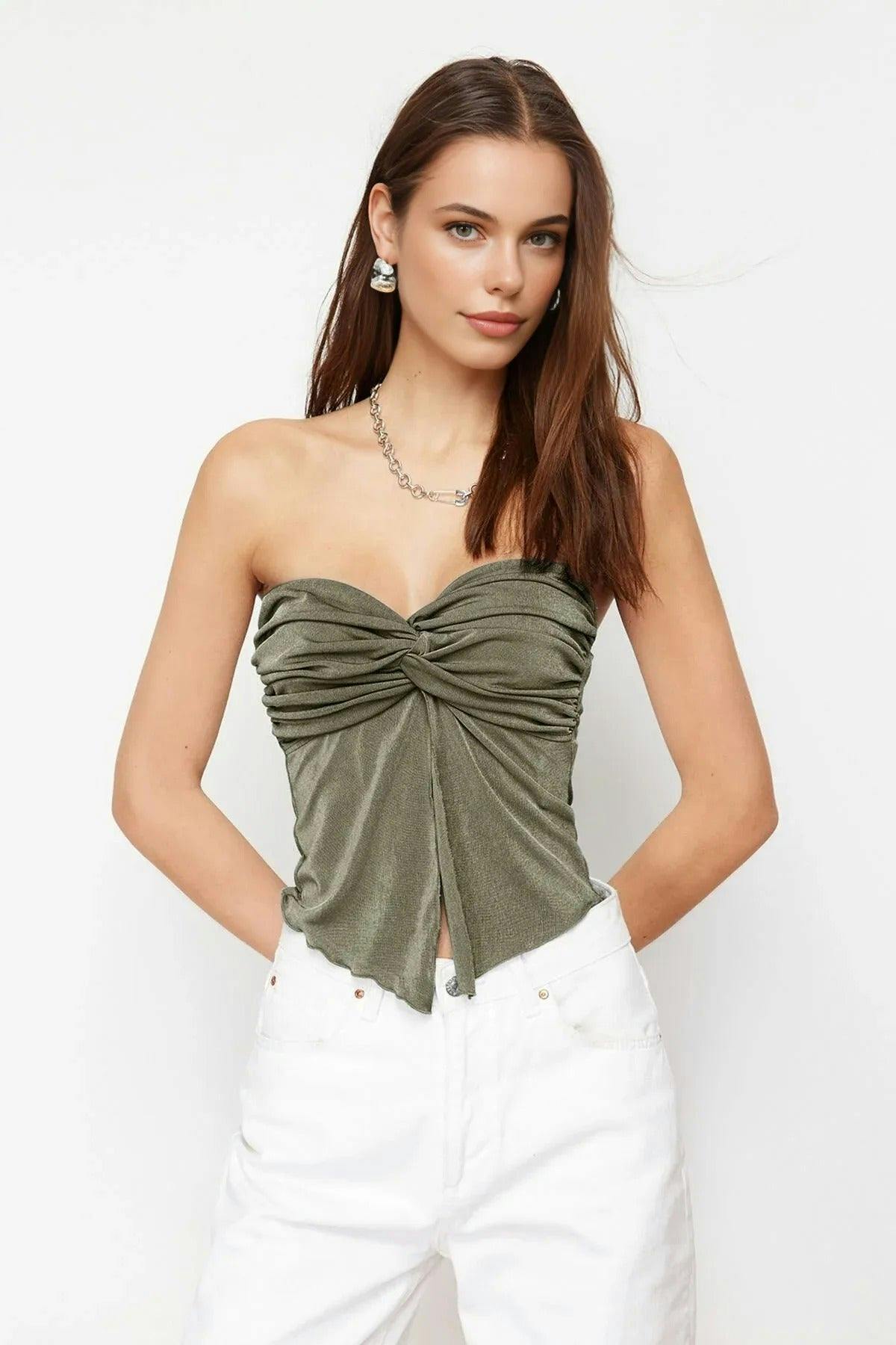 Wovcor Heart Neck Gathered Stretch Knit Crop Blouse - Khaki - Xl