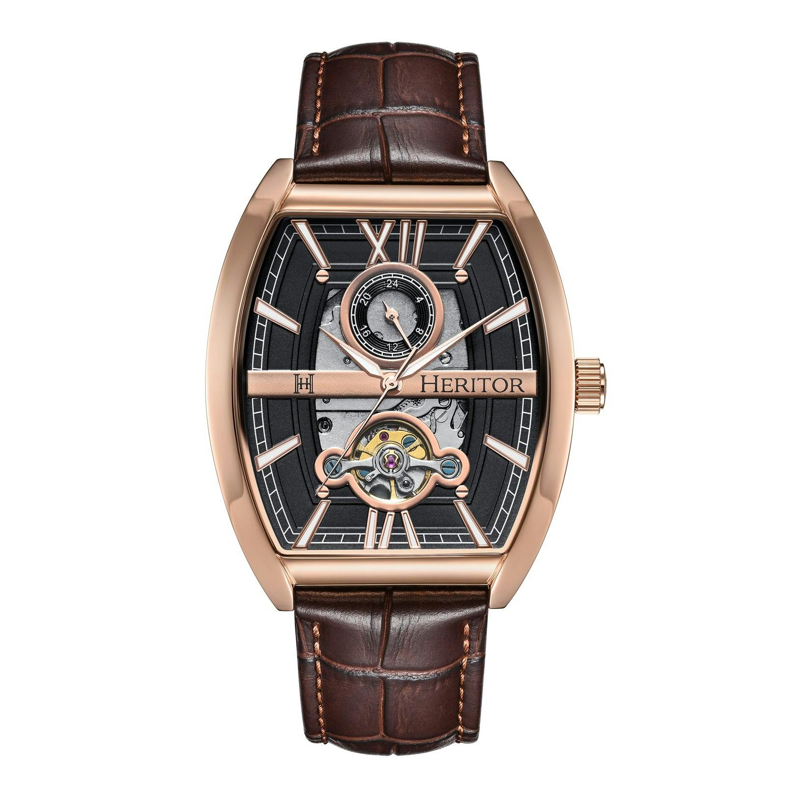 Heritor Automatic Gold/Brown Masterson Semi-Skeleton Leather-Band Watch - Rose