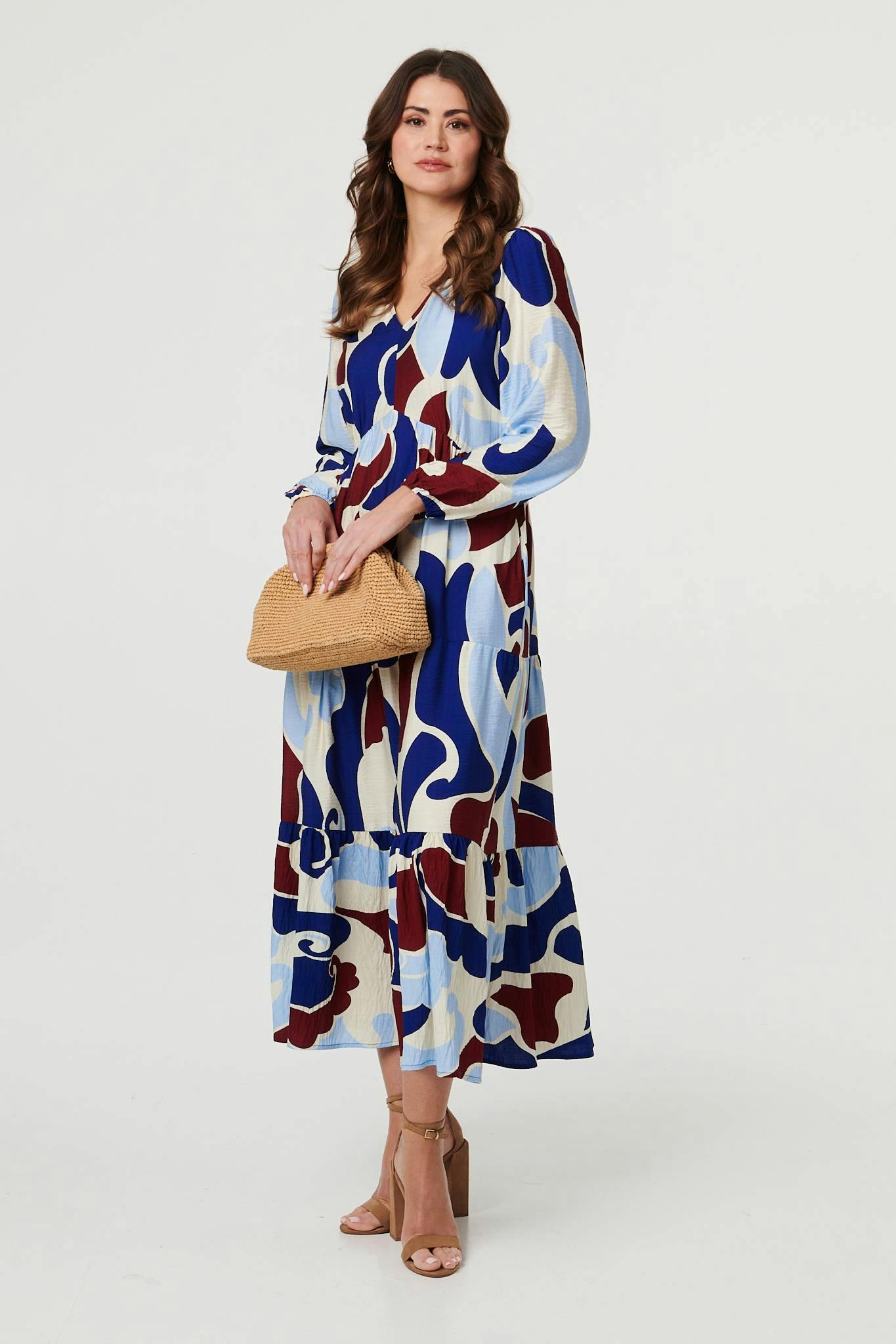 Izabel London Blue Abstract Tiered Long Sleeve Midi Dress - 10