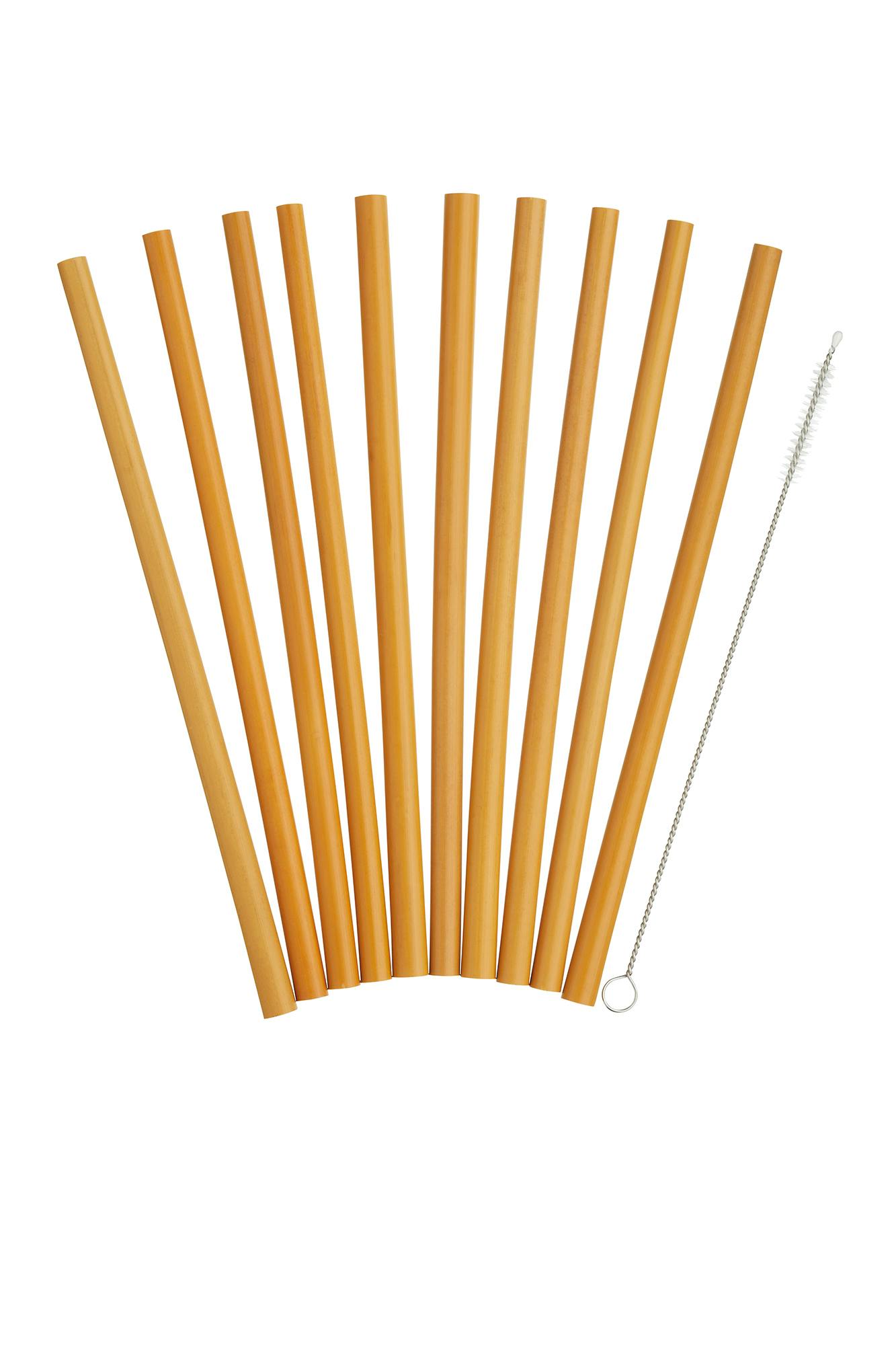Rackhams Brown Reusable Straws, 10 Piece Bamboo Straw Set With Cleaning Brush, 19Cm - Bamboo - Reusable Straws