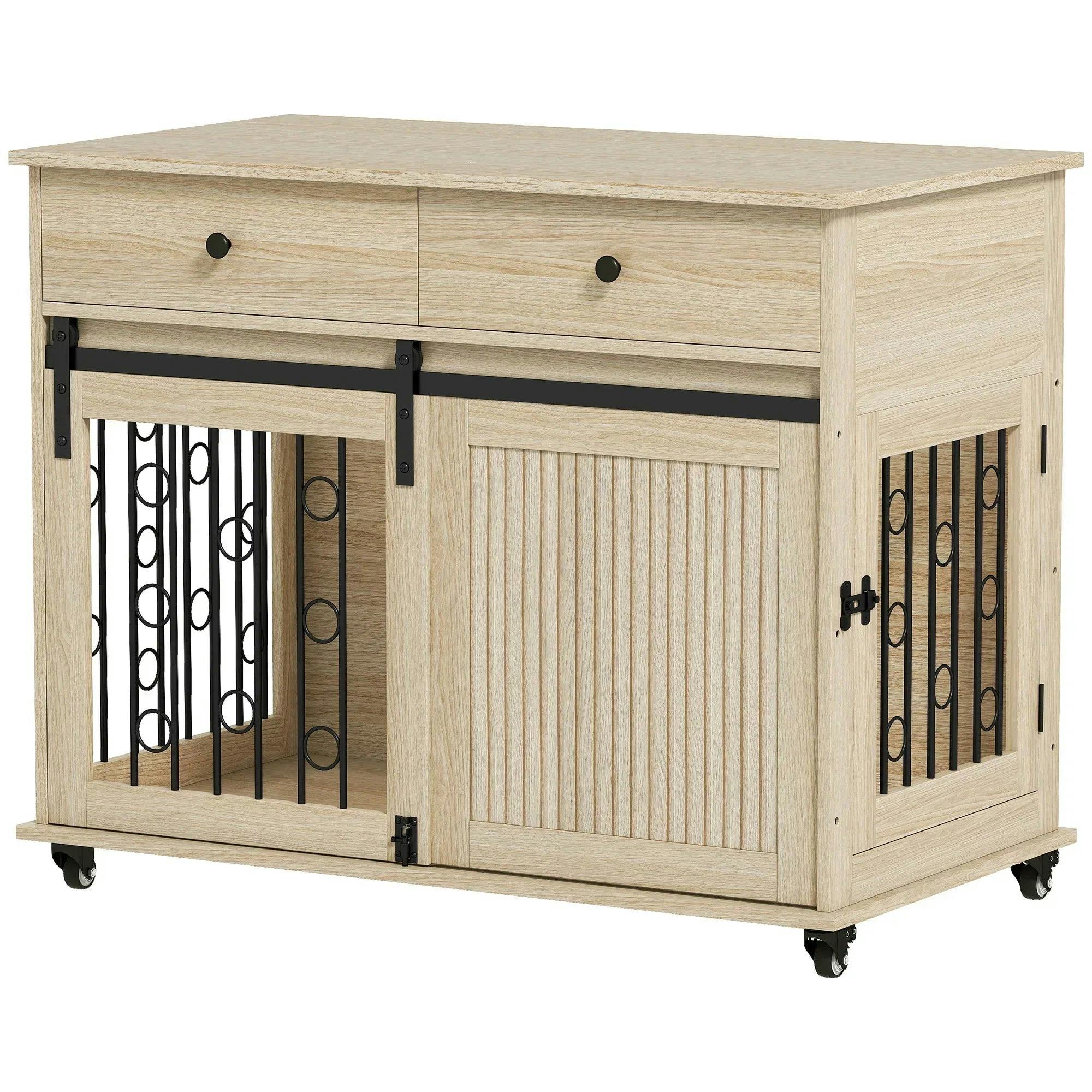 Pawhut Light Oak Dog Crate Furniture, Dog Cage W/ Wheels, 2 Drawers, Sliding Door, Oak In | Size: Large - Image 4