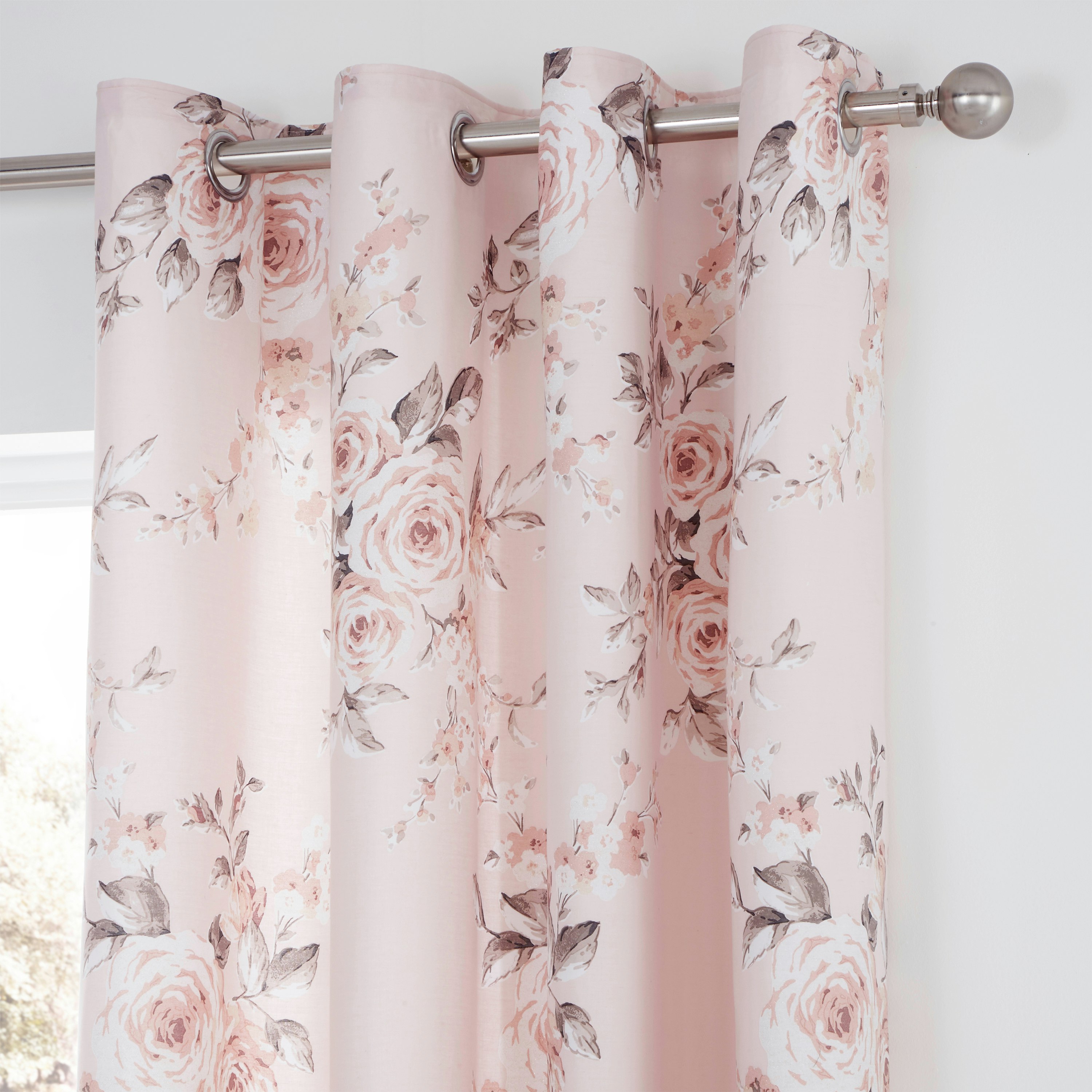 Catherine Lansfield Pink Canterbury Floral Lined Eyelet Curtains - 66X72 Inch - Blush