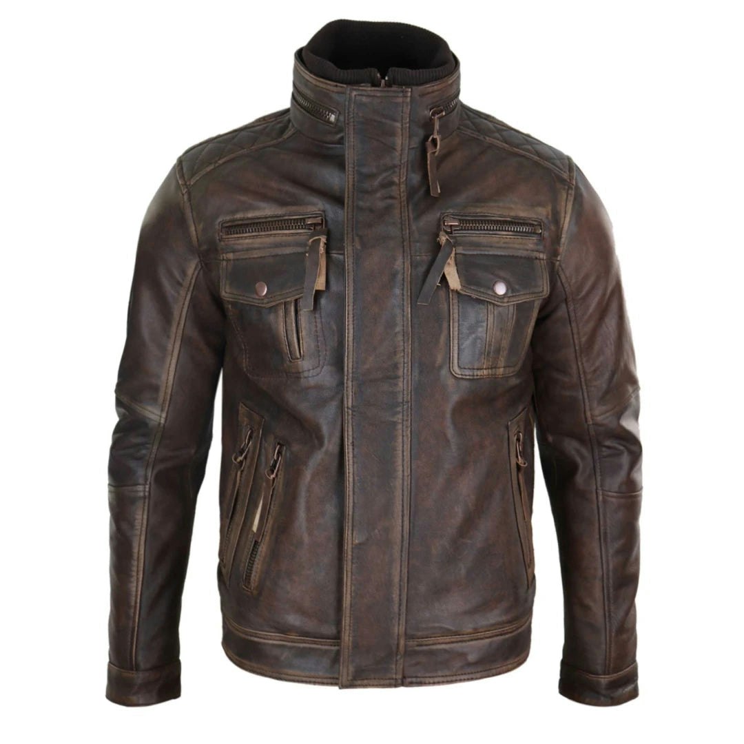 Infinity Leather Men's Brown Leather Company Distressed Leather Biker Jacket - 2XL