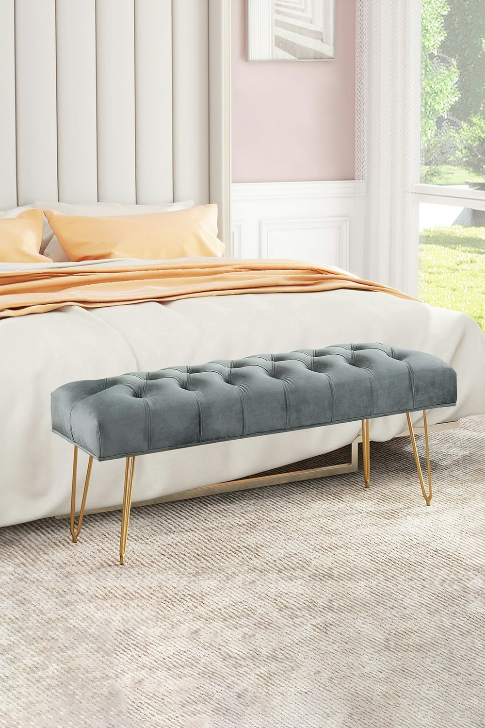 Rackhams Gold/Grey Buttoned Velvet Bench Hairpin Legs