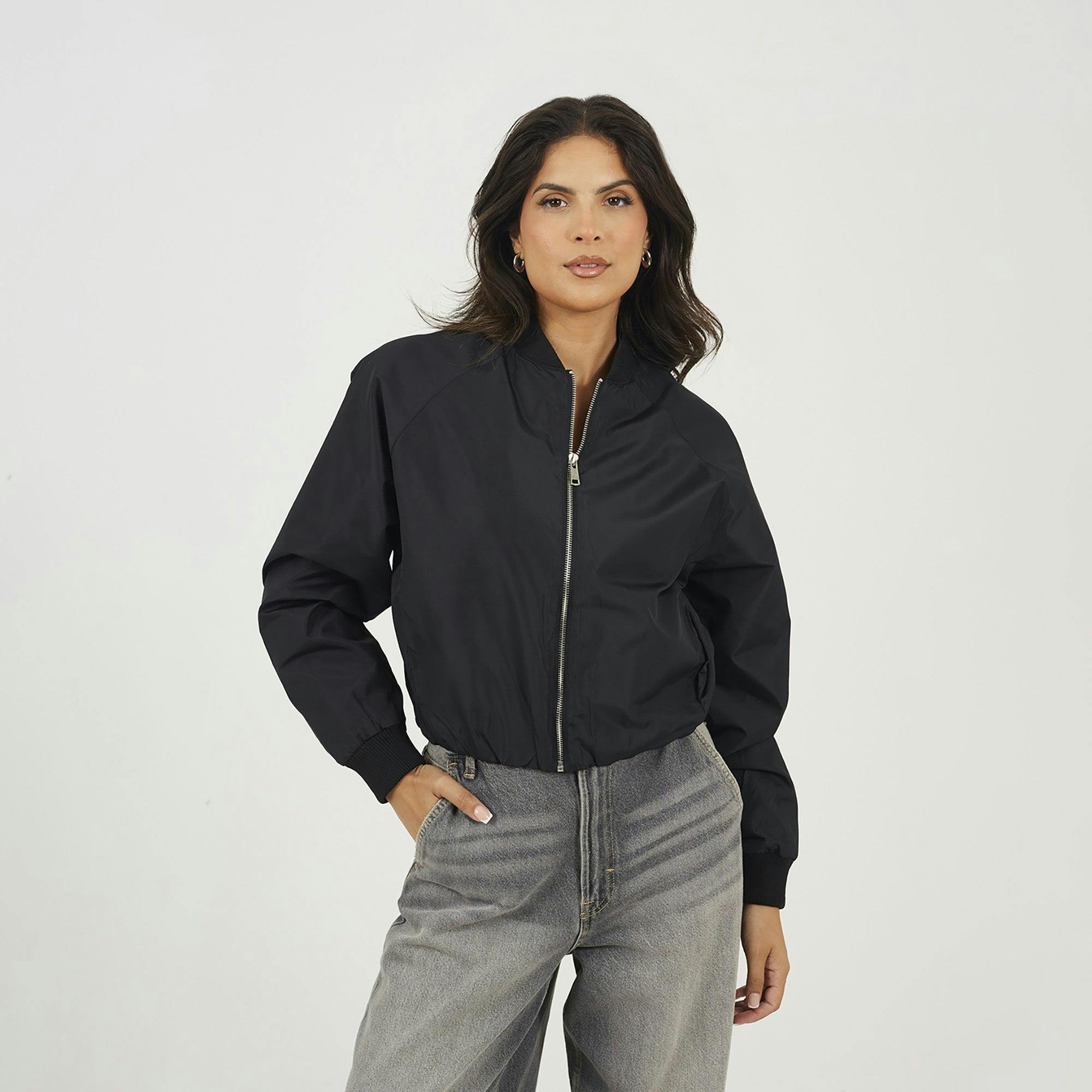 Brave Soul Women's Oversized Sleeve Bomber Jacket in Black | Size: 12 - Image 4