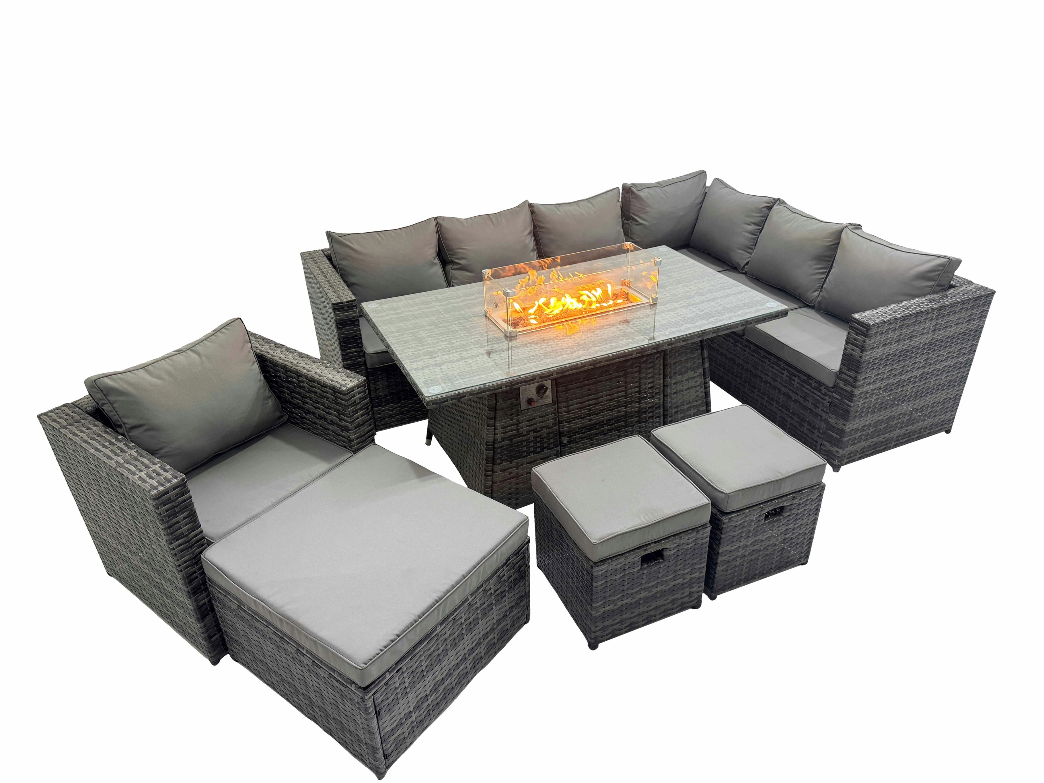 Rackhams Dark/Grey Garden Rattan Furniture Set 10 Seater Outdoor Corner Sofa Chair Gas Fire Pit Dining Table Set With 3 Stool