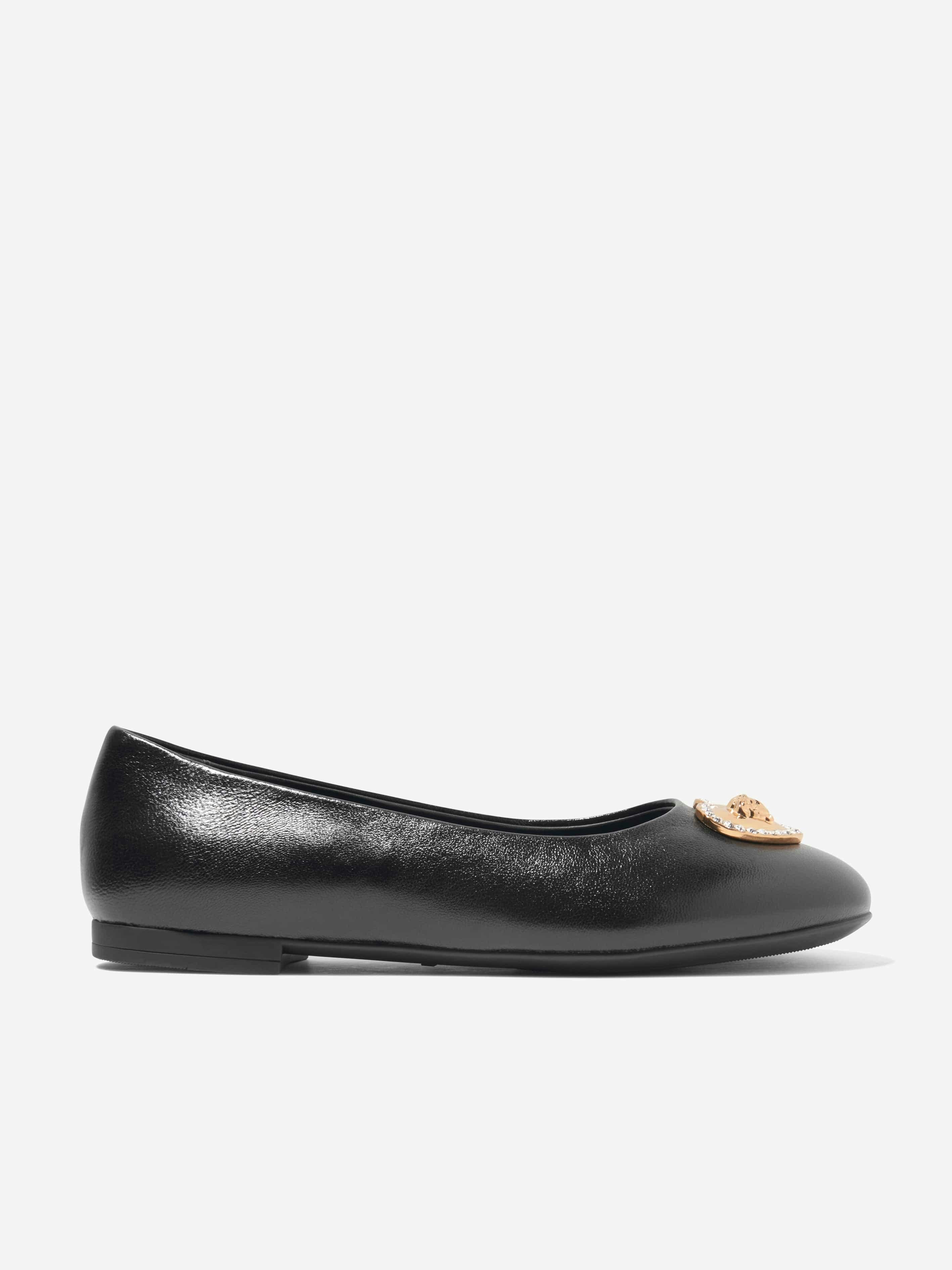 Versace Girls Black Leather Ballerina Pumps In - Eu 31 Uk 12.5