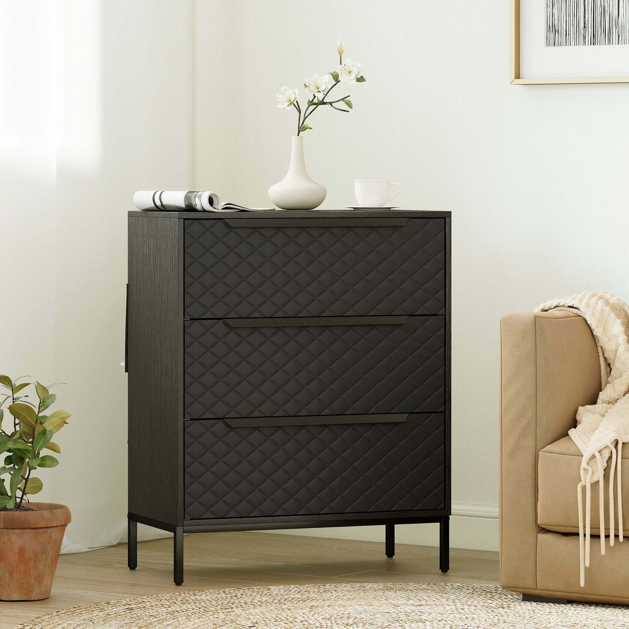 Rackhams Black Chest Of Drawers, 2 Fabric Drawer Dresser, Aluminium Handles, - 3