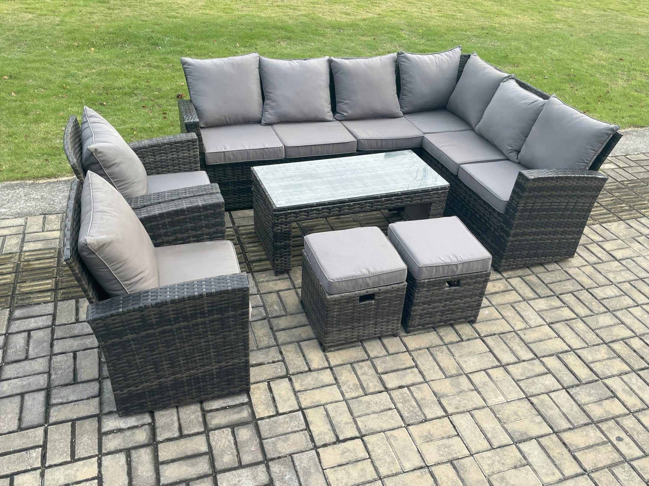 Rackhams Dark/Grey Rattan Corner Sofa Garden Furniture Set With 2 Small Footstools Rectangular Coffee Table 2 Armchairs With Cushion Mixed