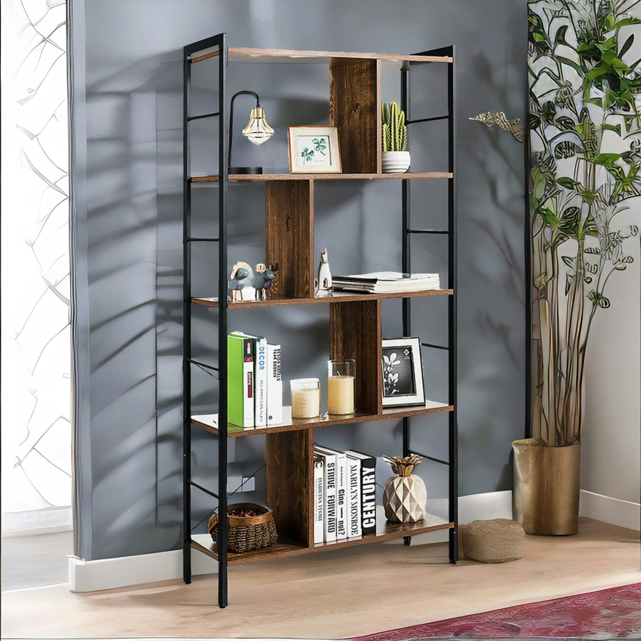 Rackhams 154Cm Tall 5 Tier Bookcase With Metal Frame