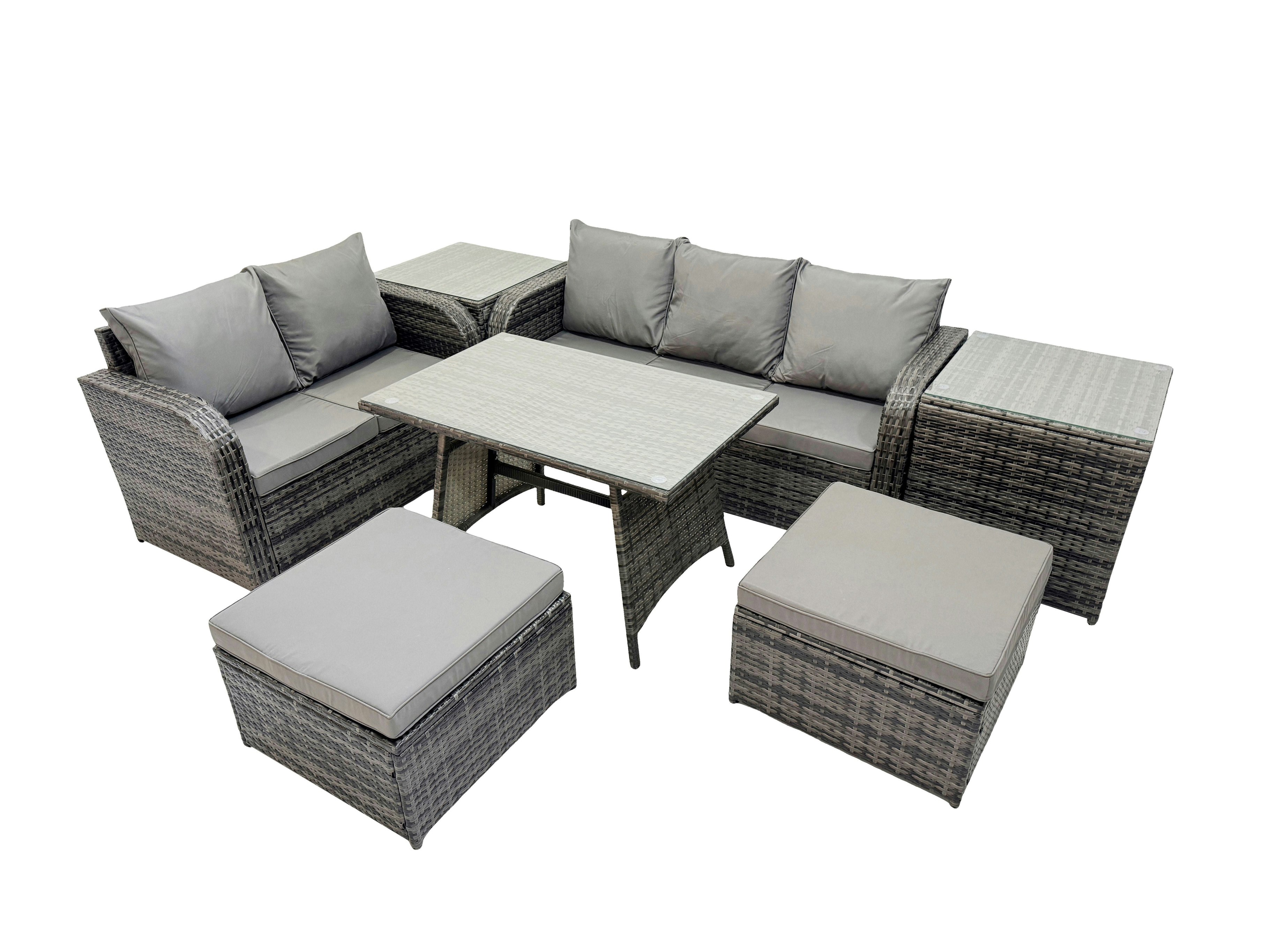 Rackhams Dark/Grey 7 Seater Garden Outdoor Rattan Furniture Set Rattan Sofa Oblong Dining Table With 2 Side Tables 2 Big Stools