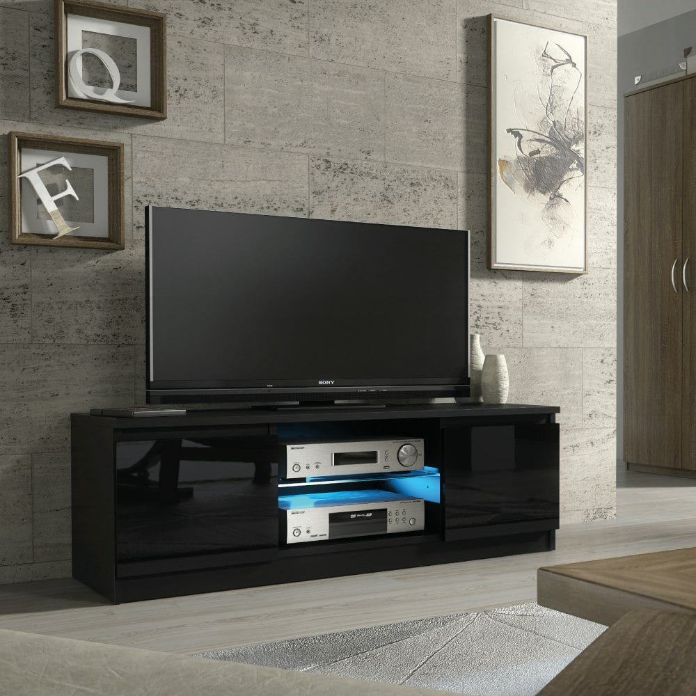 Rackhams Black Stunning 120Cm Tv Unit Modern Cabinet Tv Stand High Gloss Doors Free Led - 120 Cm - Mdf/Chipboard - Matt Body & Gloss Doors