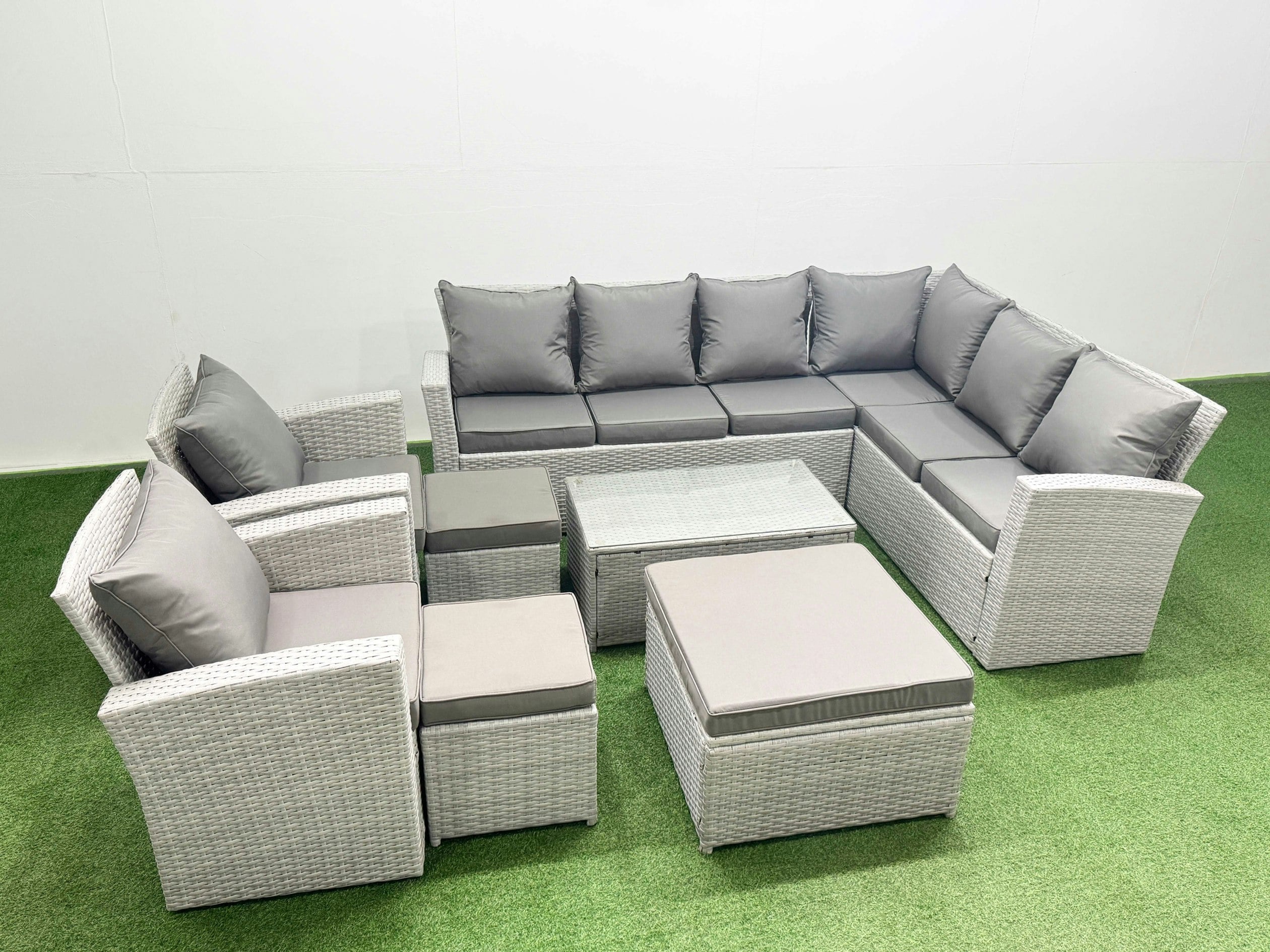 Fimous Light/Grey Garden Outdoor Pe Rattan Furniture Set 11 Seater Rattan Garden Sofa Set With 3 Footstools Mixed