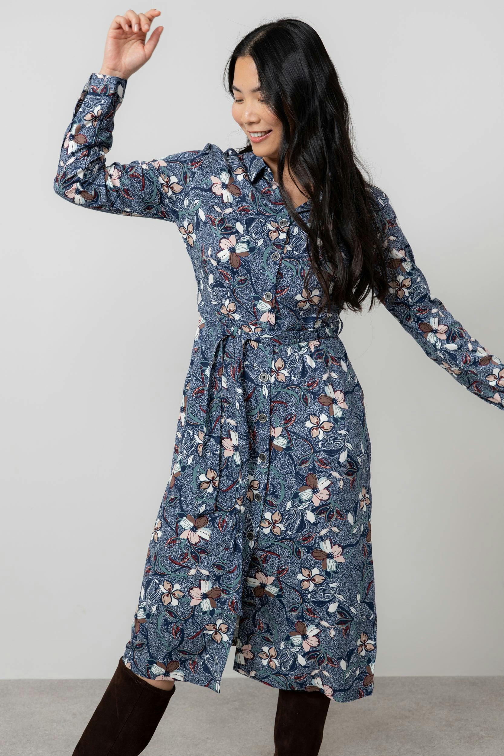 Lily & Me Anya Printed Midi Shirt Dress Navy - 18 - Navy