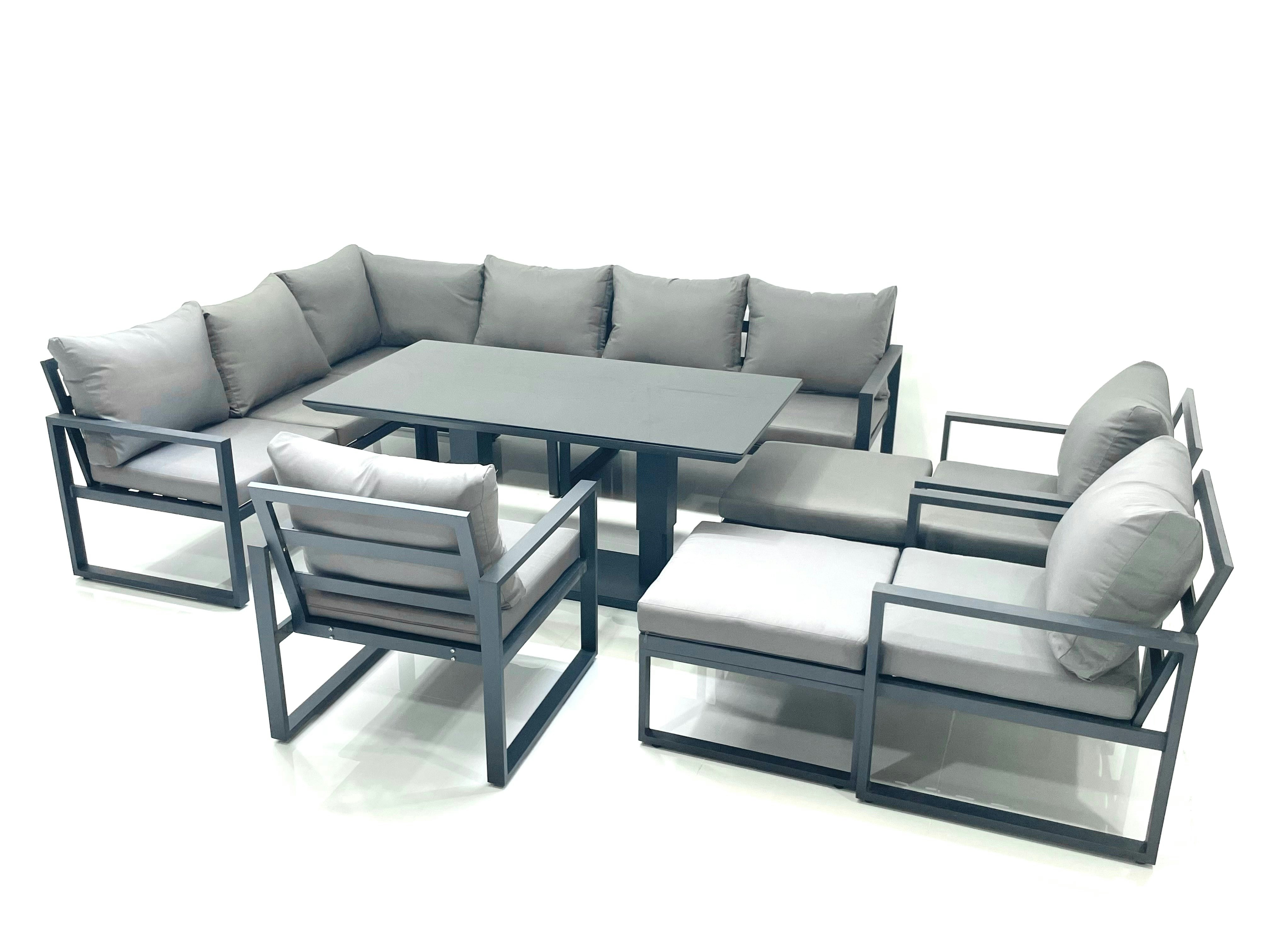 Rackhams Dark/Grey Aluminum Outdoor Garden Furniture Set Corner Sofa 3 Chair 2 Big Footstools Adjustable Rising Lifting Dining Table Sets