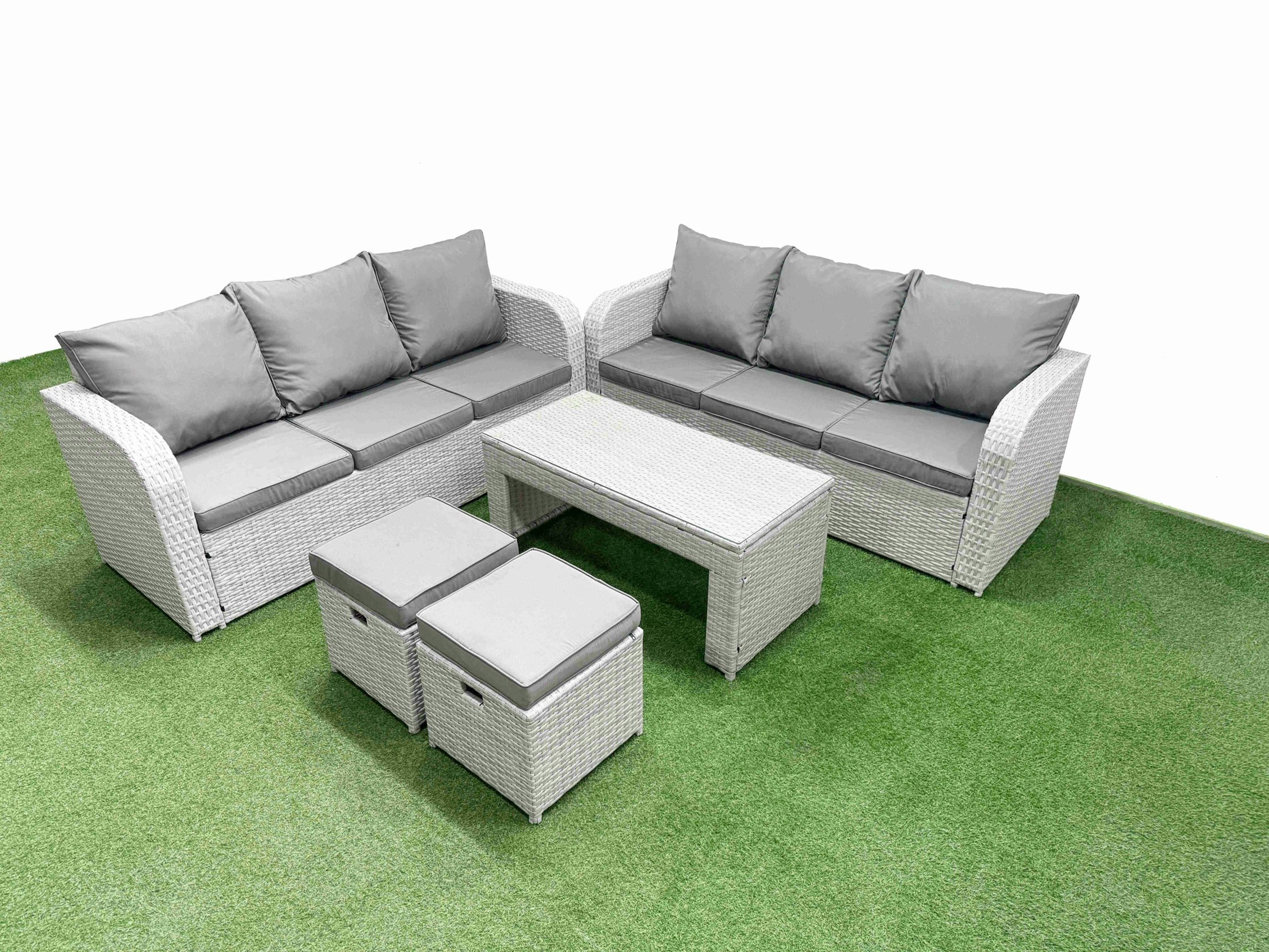 Rackhams Light/Grey Outdoor Garden Furniture Sets 8 Seater Wicker Rattan Furniture Sofa Sets With Oblong Coffee Table High Back Lounge Sofa Stools