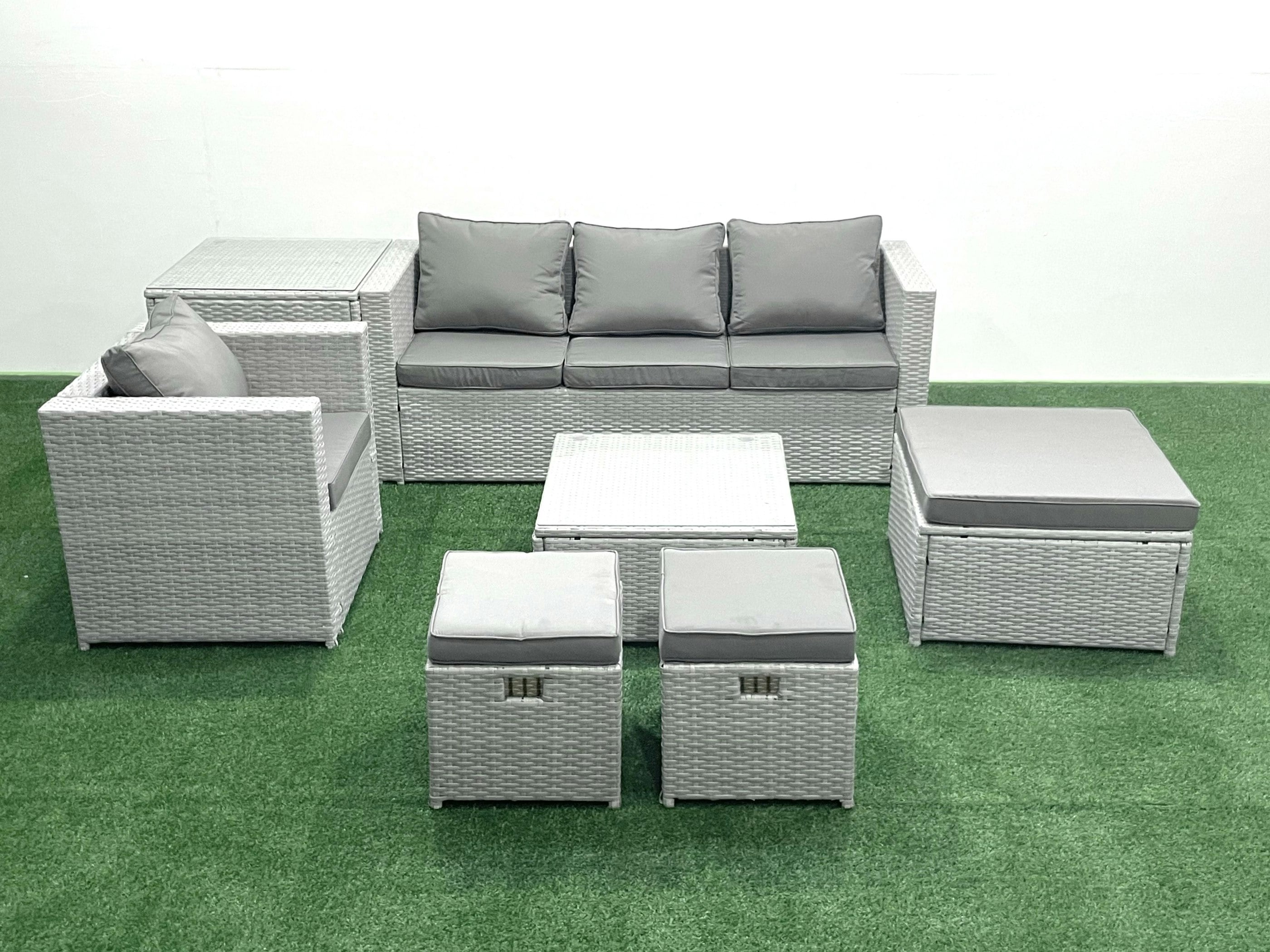 Rackhams Light/Grey Garden Outdoor Furniture Set 7 Seater Rattan Sofa Set With 3 Footstools Armchair Side Table Mixed
