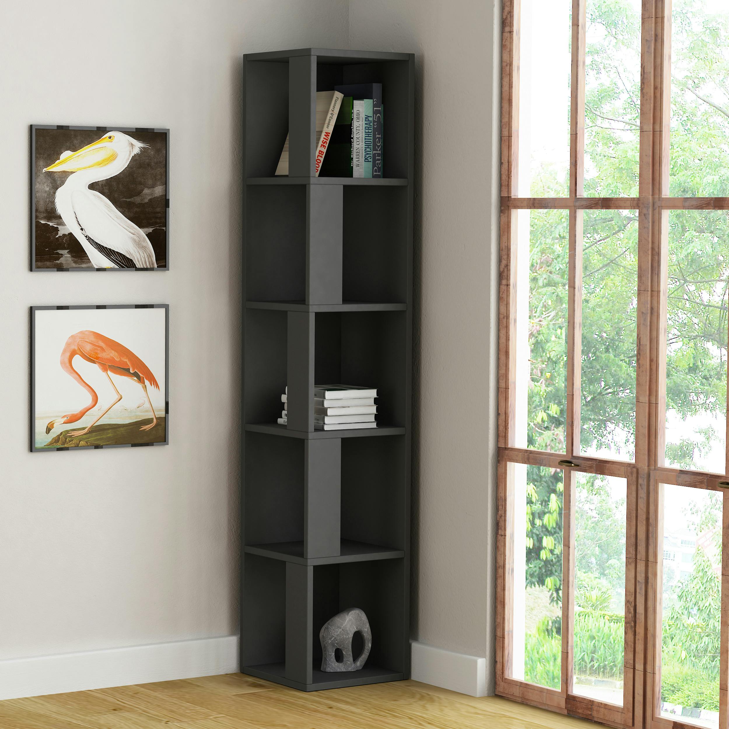 Decortie Anthracite/Grey Piano Modern Corner Bookcase Tall Display Unit 158.9Cm