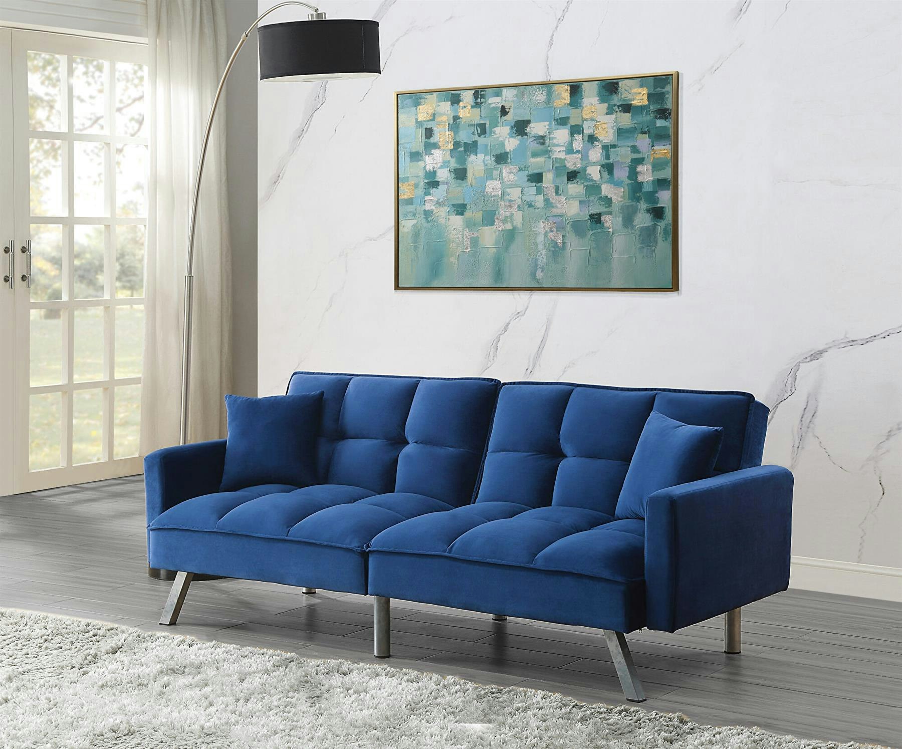 B&Q - Sofa Bed 2 Seater Blue Velvet Click Clack Sofa Settee Recliner Couch With Metal Legs 2 Pillows - Image 5