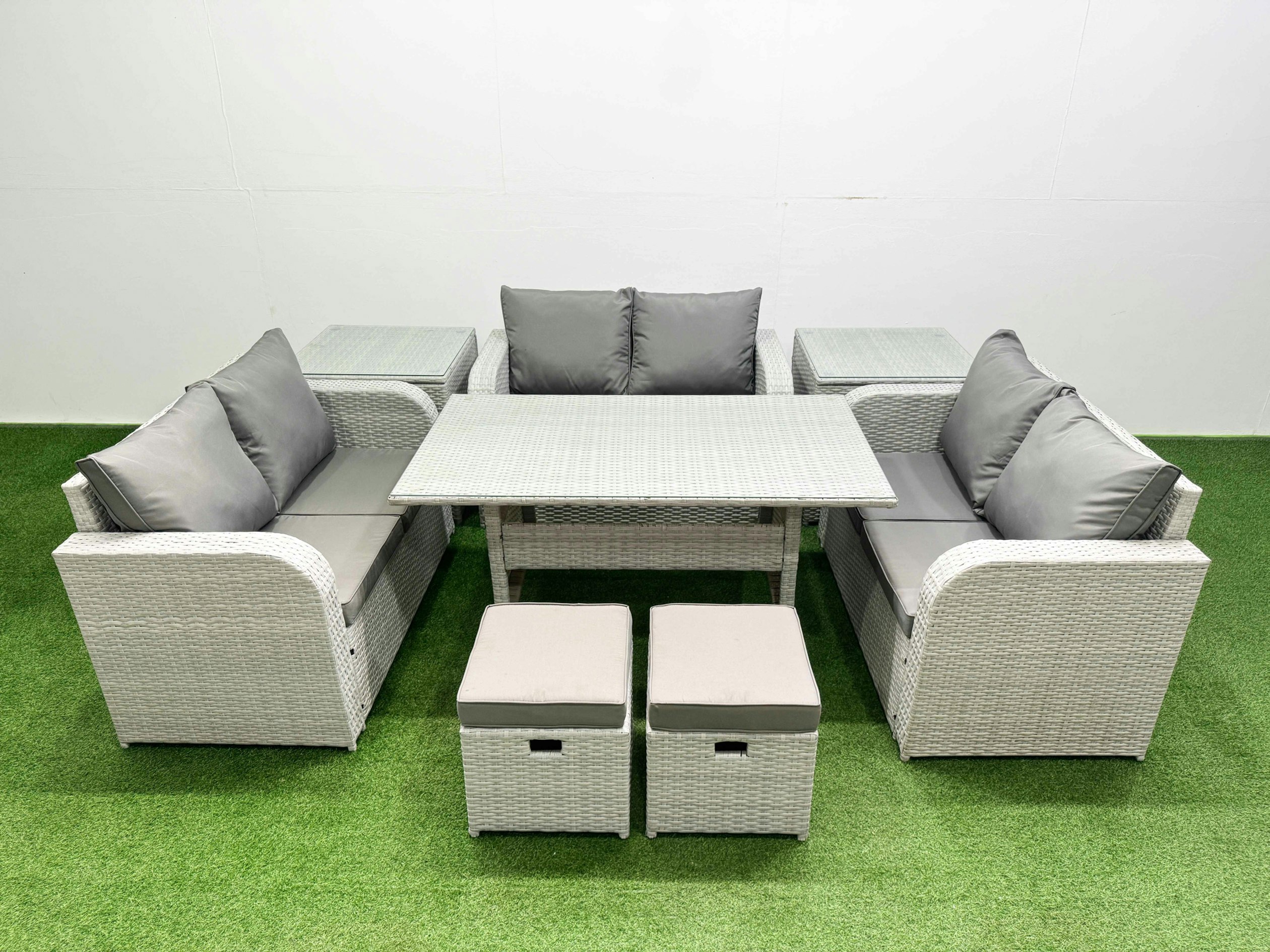 Fimous Light/Grey 8 Seater Pe Wicker Rattan Furniture Sofa Sets With Rectangular Dining Table 2 Seater Love Sofa 2 Stool 2 Side Table