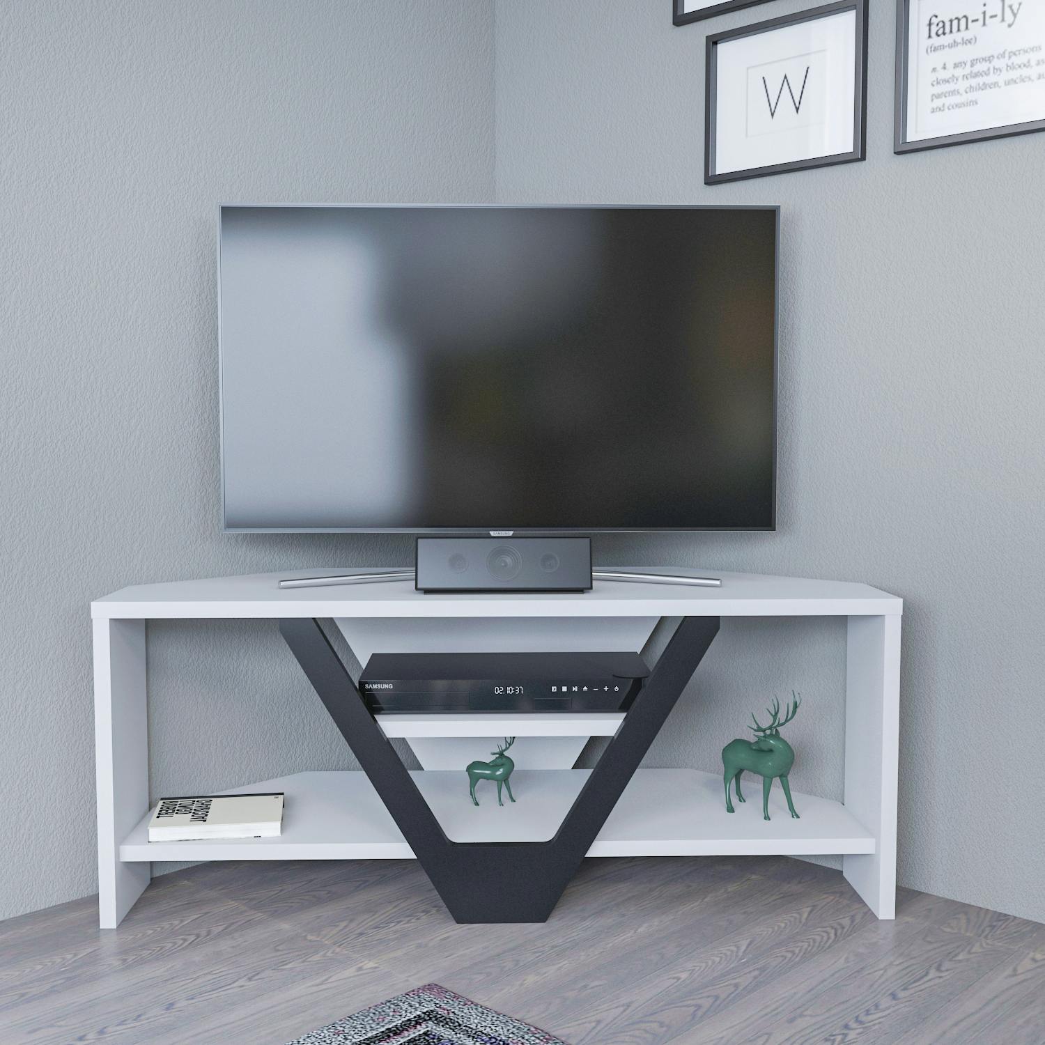 Decorotika Karin Modern Corner TV Unit - Black and White - 2 Shelf - Melamine - Image 3