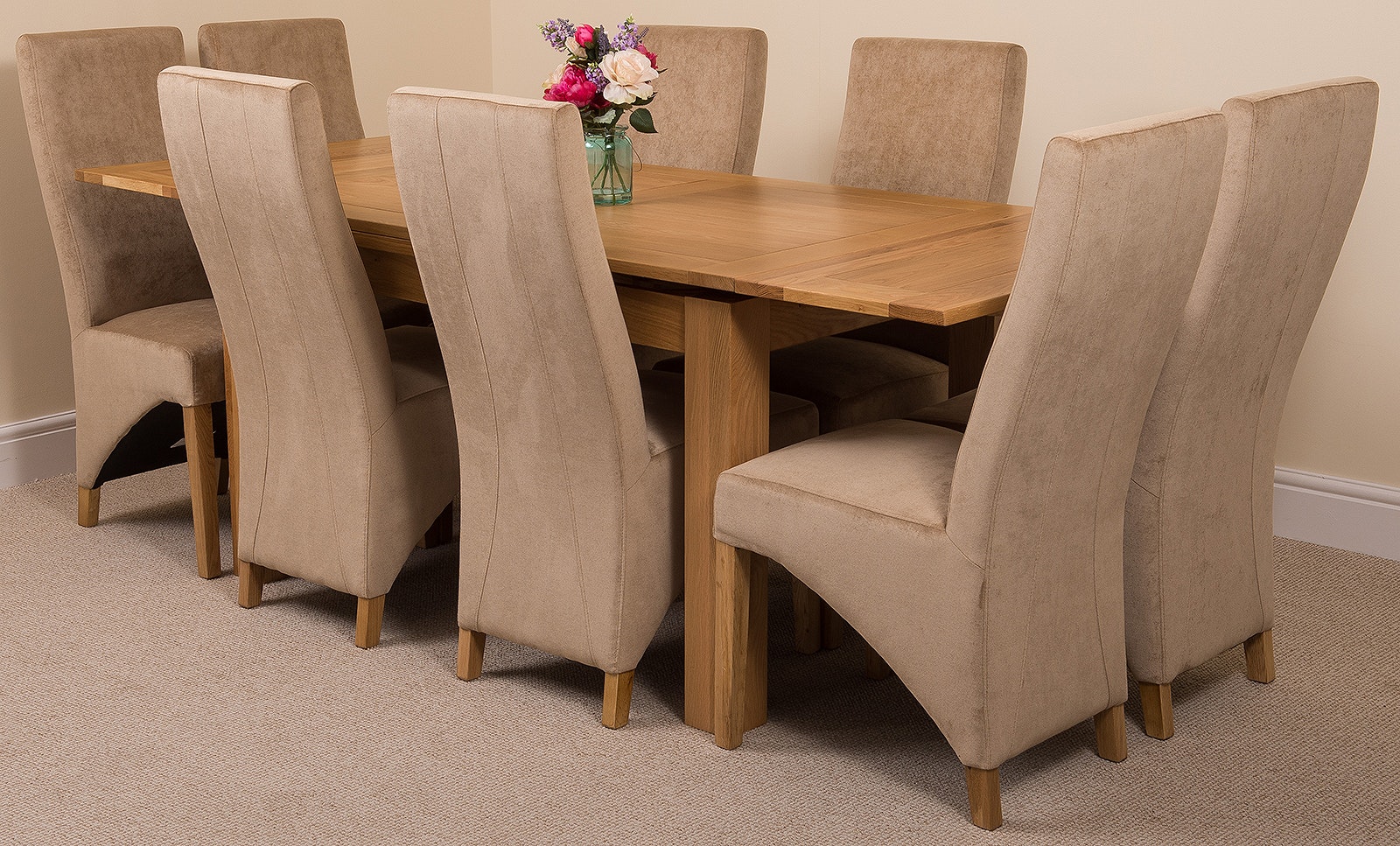 That's Furniture Beige Richmond Medium Oak Extendable Dining Table With Lola Fabric Chairs - 8 Chairs