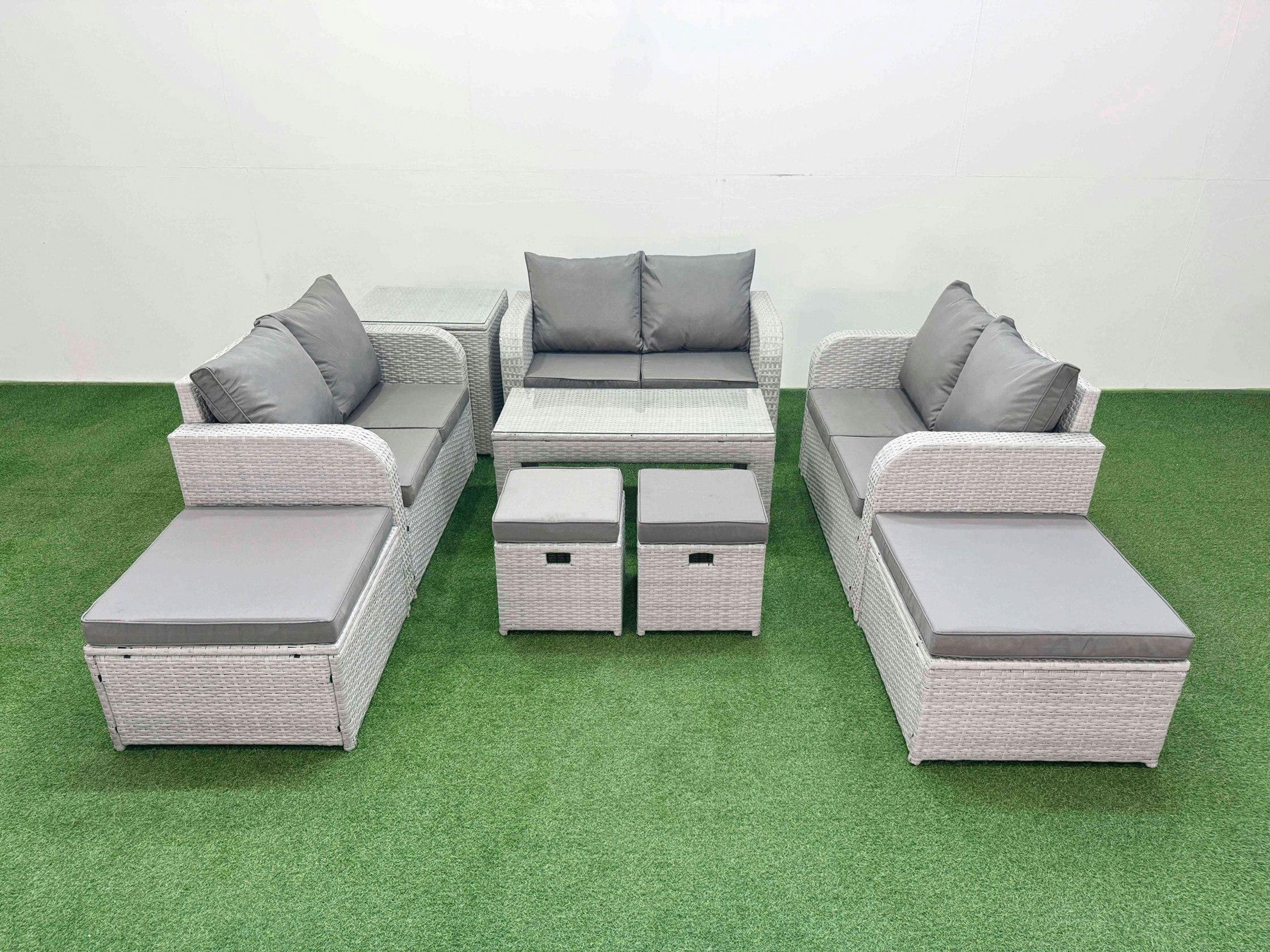 Rackhams Light/Grey Pe Wicker Rattan Furniture Sofa Sets With Oblong Coffee Table Love Sofa 4 Stools Side Table Mixed