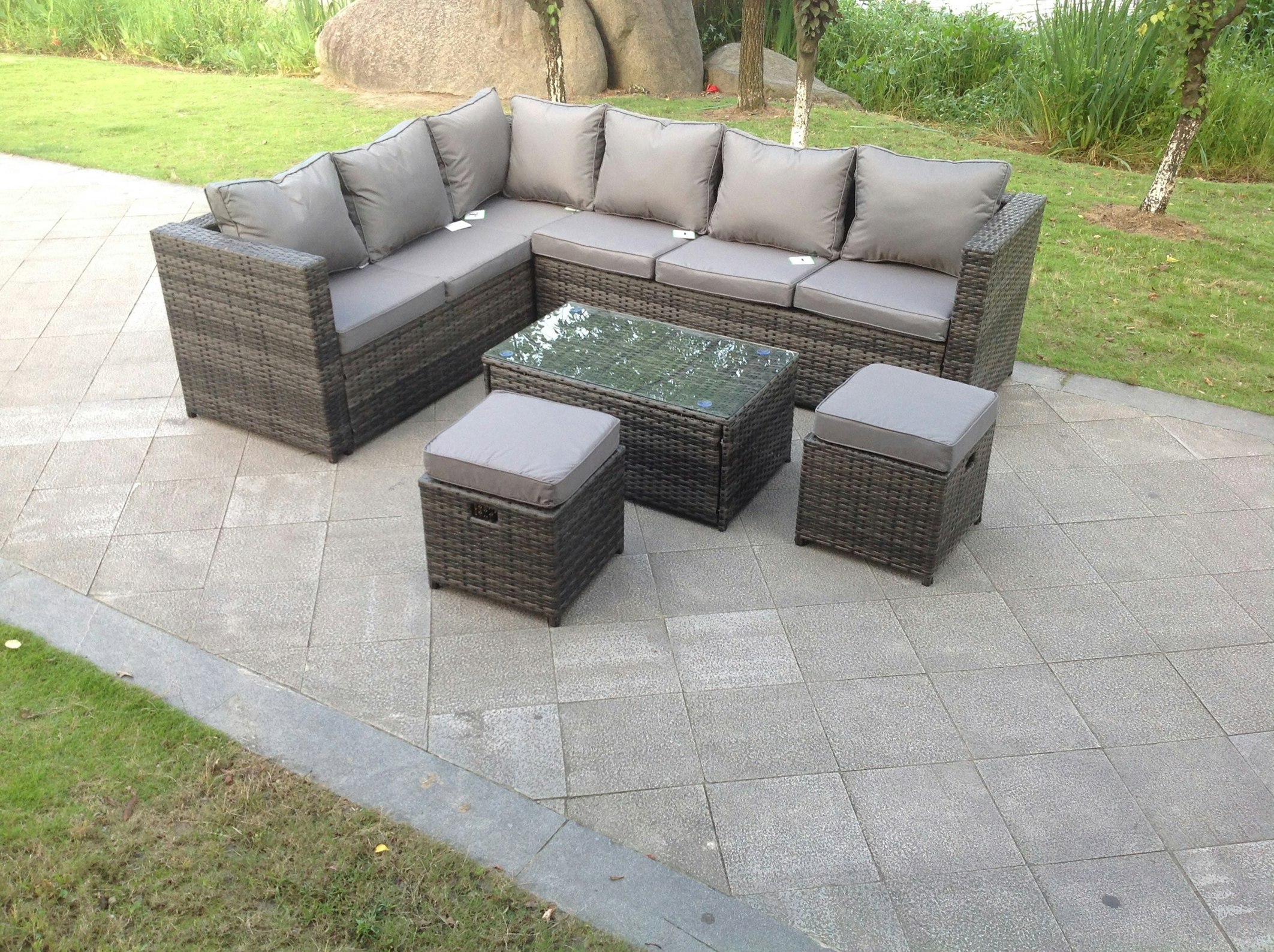Fimous Grey 8 Seater Rattan Corner Sofa Set Coffee Oblong Coffee Table Outdoor Garden Furniture Patio