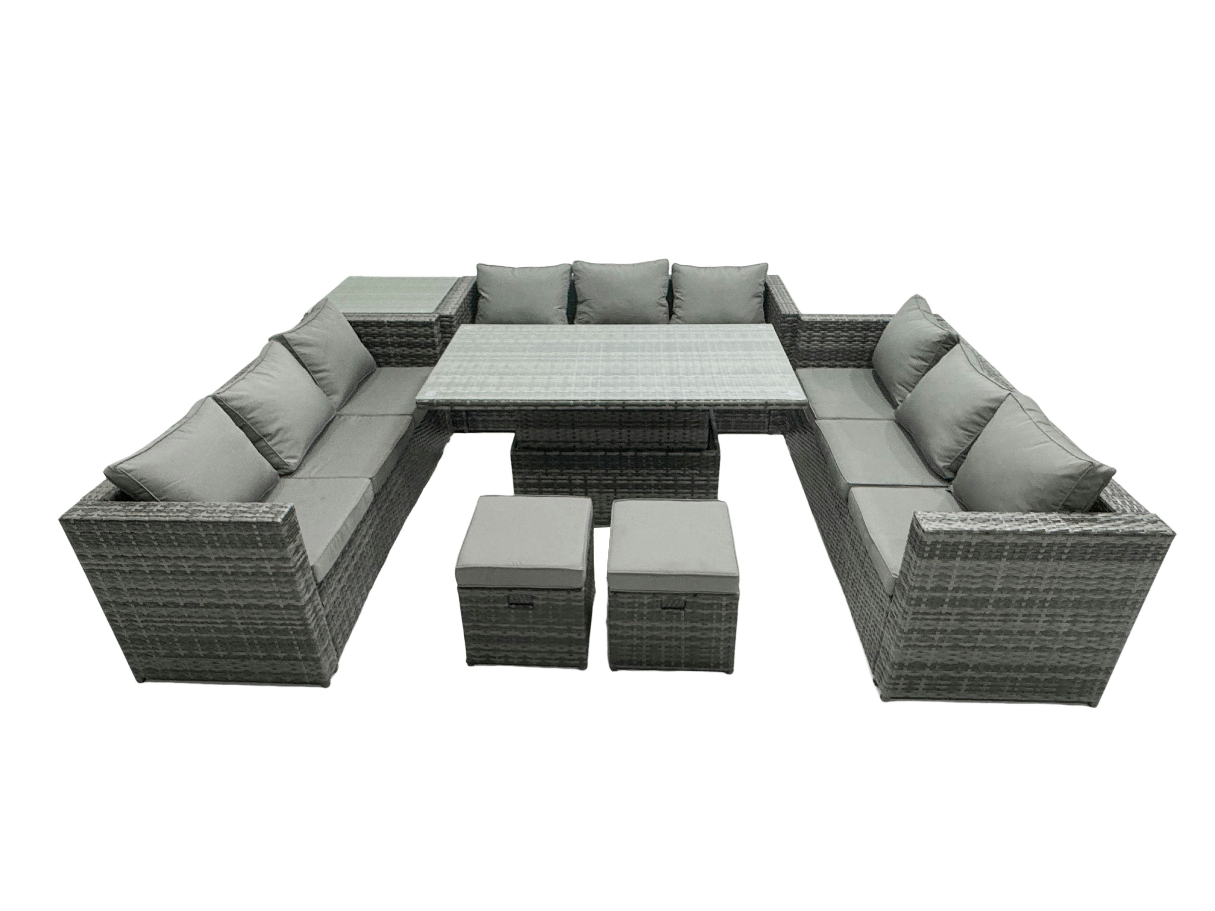 Rackhams Dark/Grey 11 Seater?Outdoor Rattan Sofa Set Lounge Adjustable Rising Lifting Side Tables Chairs Footstool Mixed