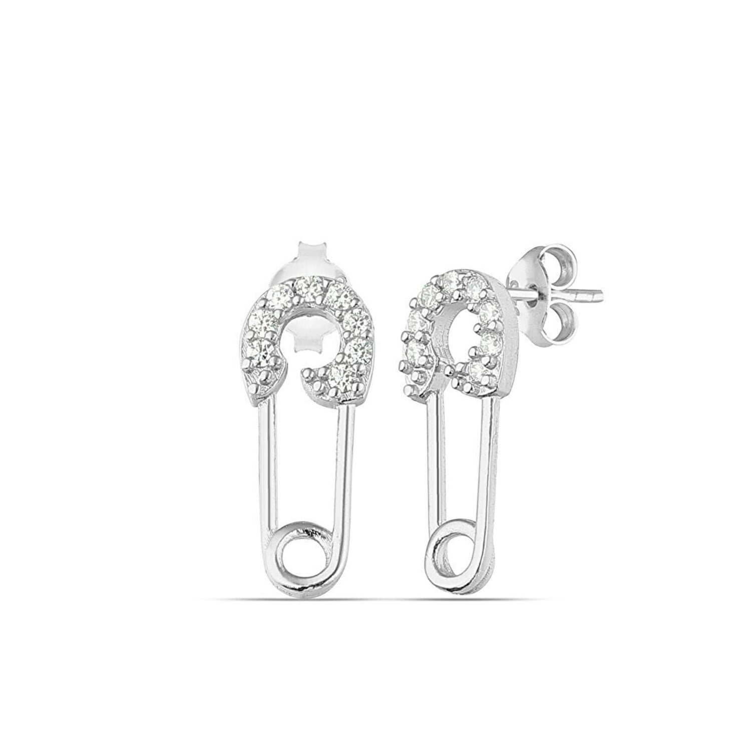 Spero London Silver Sterling Jewelled Mini Safety Pin Stud Earrings