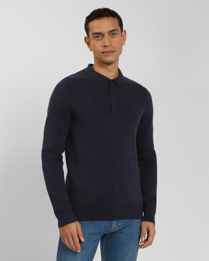 Steel & Jelly Black/Green/Brown Heavy Milano Knit Long Sleeve Polo Shirt - Navy - Xl