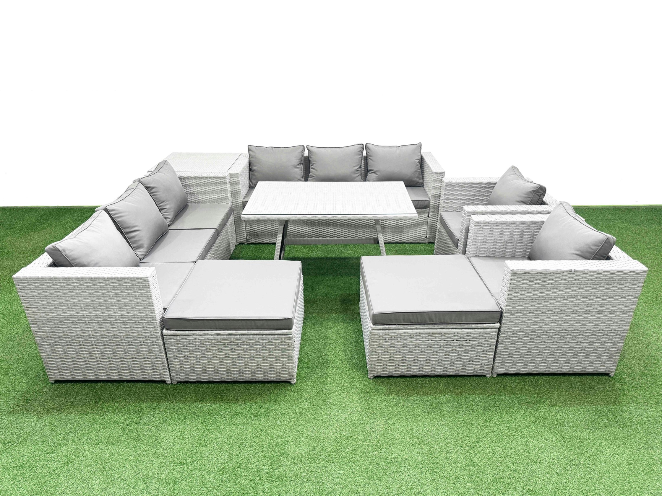 Fimous Light/Grey 10 Seater Garden Furniture Set Pe Rattan Garden Sofa Set With Rectangular Dining Table 2 Big Stool Side Table