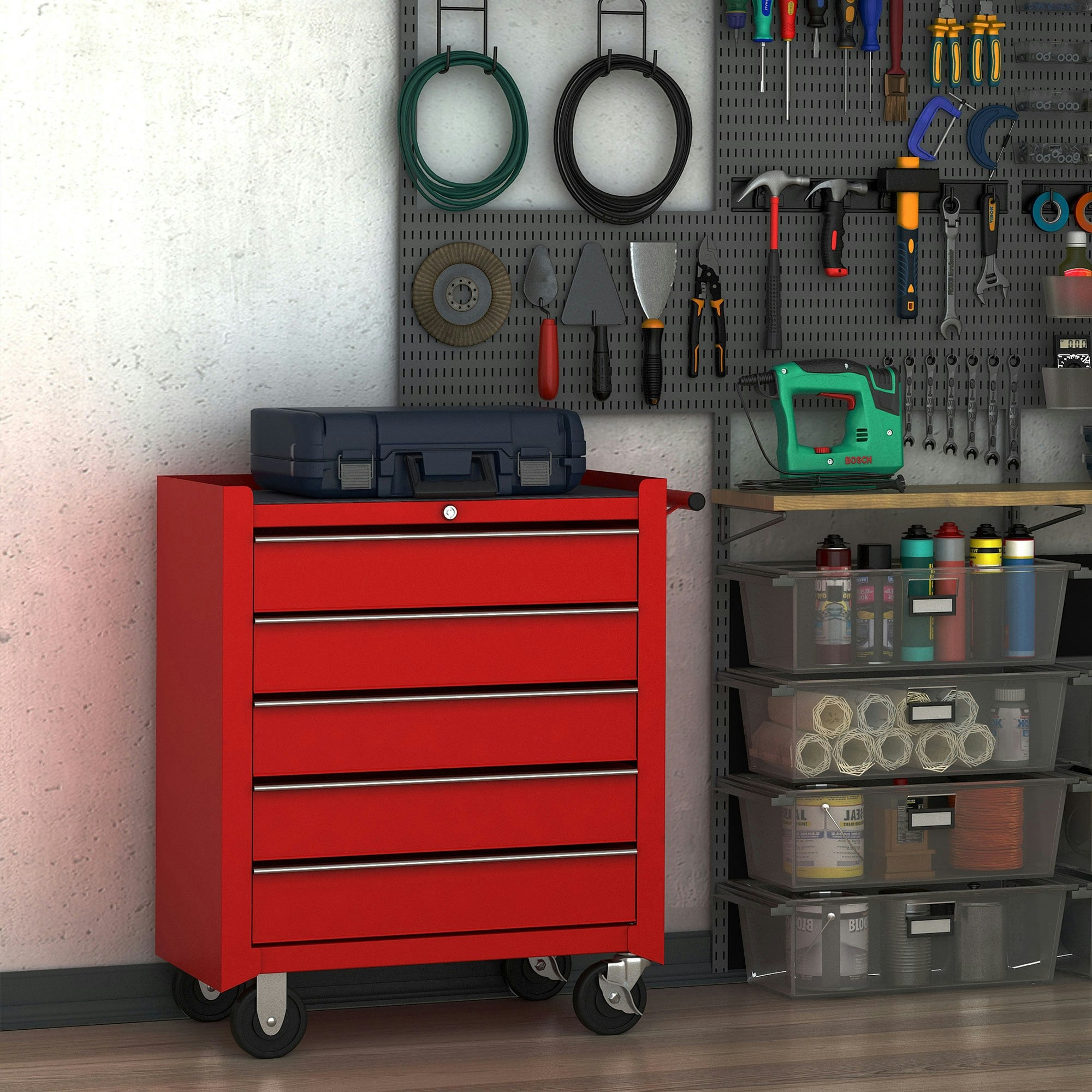 Homcom Tool Trolley With 5 Drawers Steel Tool Chest On Wheels