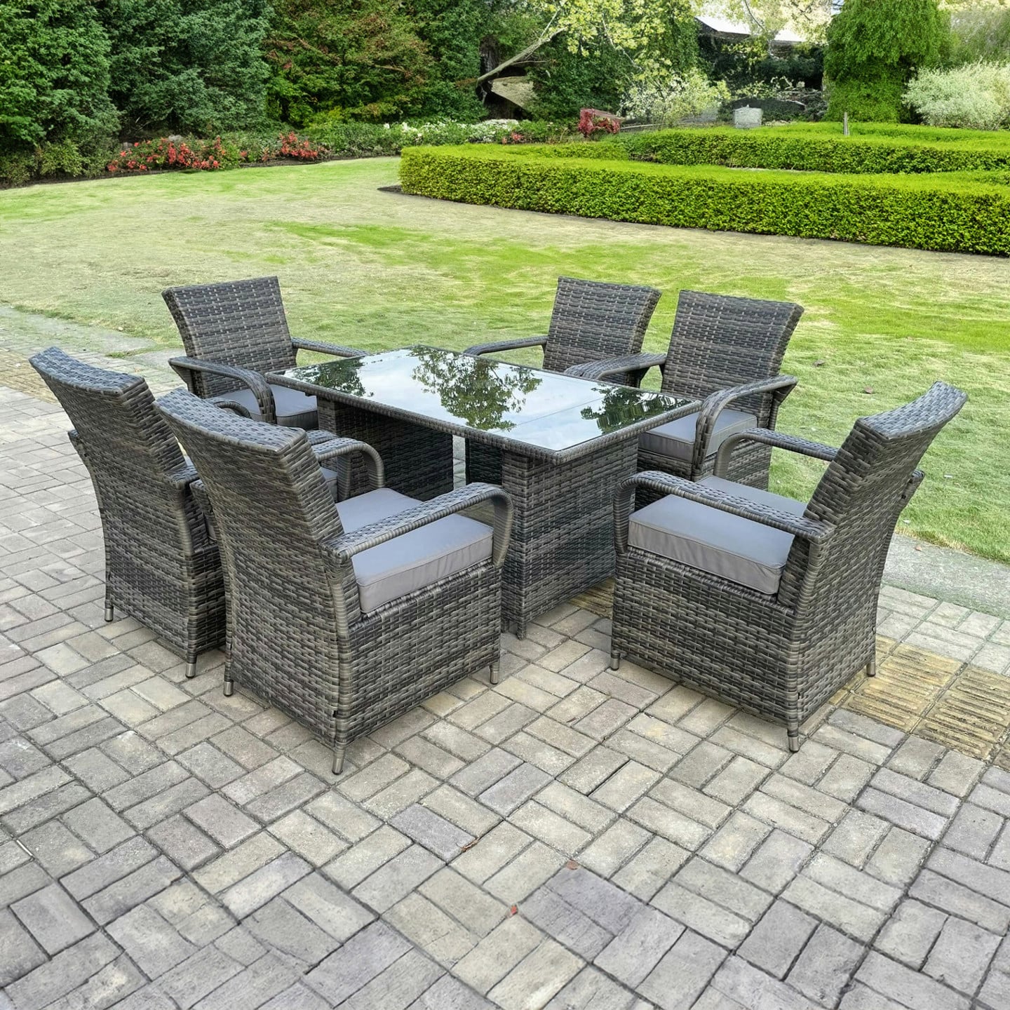 Fimous Black/Dark/Grey Outdoor Rattan Dining Set With 6 Wicker Chairs & Rectangular Glass Table