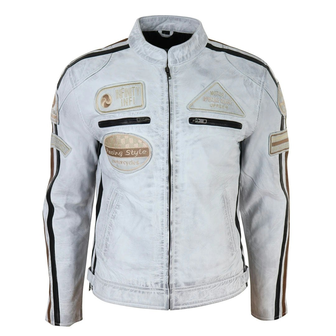 Infinity Leather Men's White Leather Company Zipped Biker Leather Jacket - Large