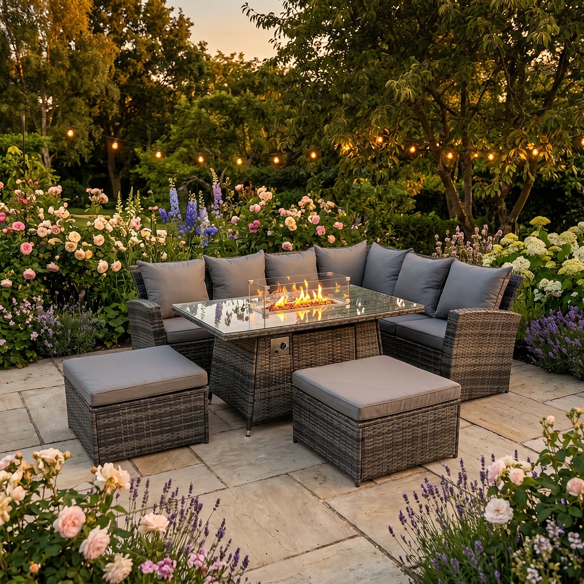 Fimous Dark/Grey 7 Seater Rattan Garden Furniture Set With Corner Sofa, Gas Fire Pit Table & 2 Footstools - Mixed
