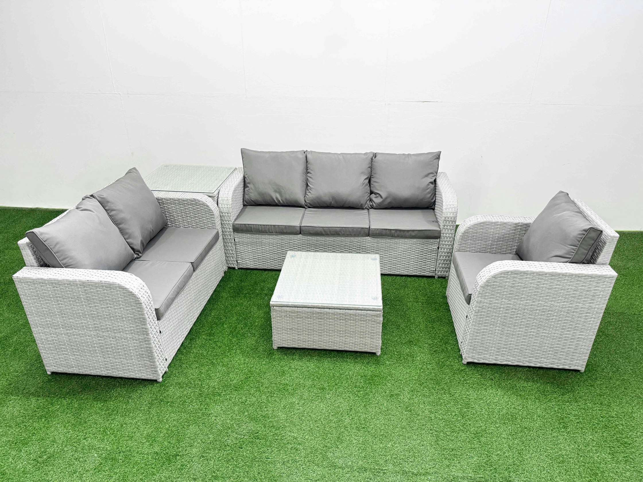 Rackhams Light/Grey 6 Seater Outdoor Rattan Furniture Sofa Set With Square Coffee Table Reclining Chair Loveseat Sofa 3 Seater Sofa Side Table