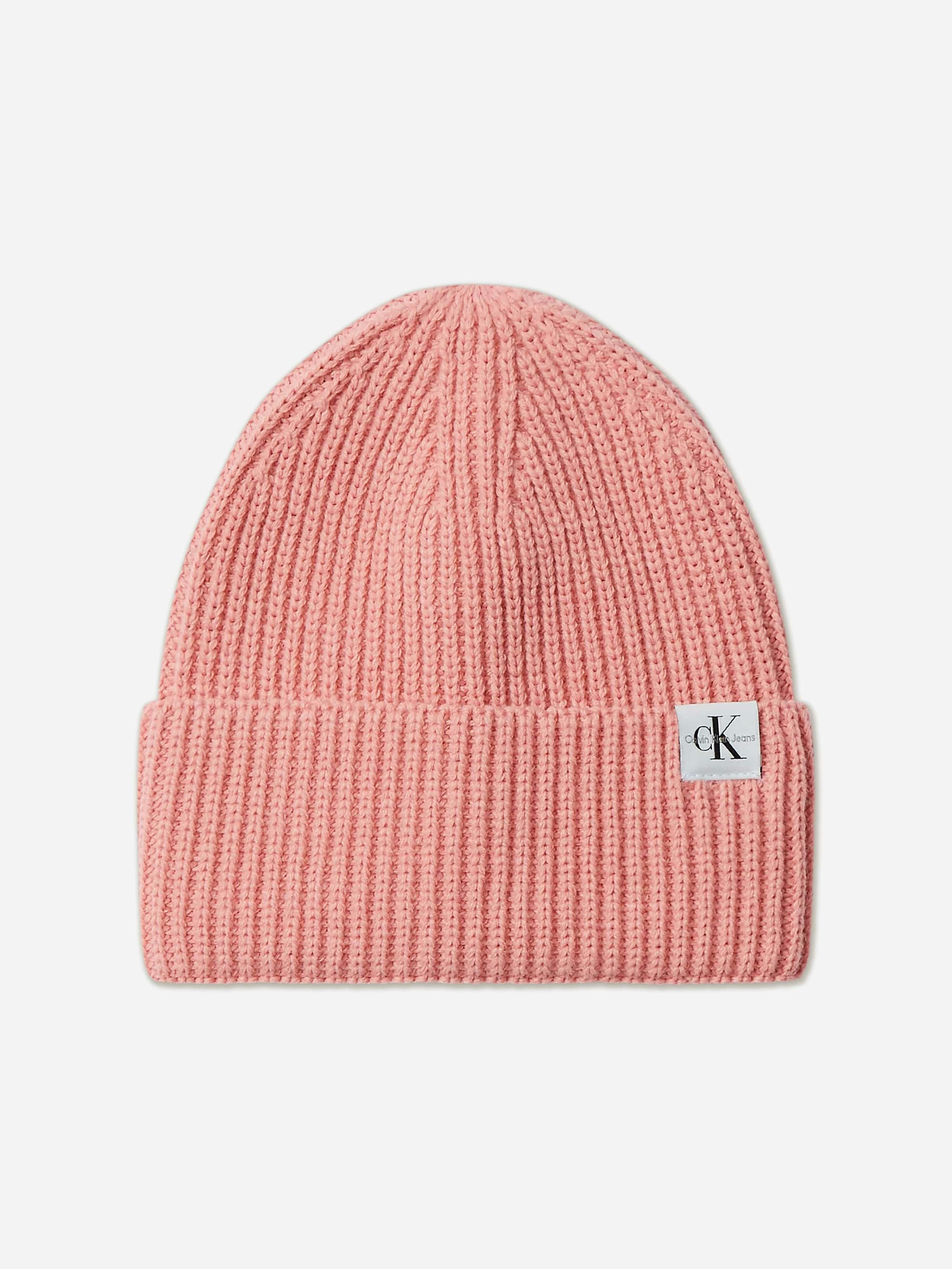 Calvin Klein Girls Pink Monogram Rib Beanie In - L - Xl (54 Cm - 56 Cm)