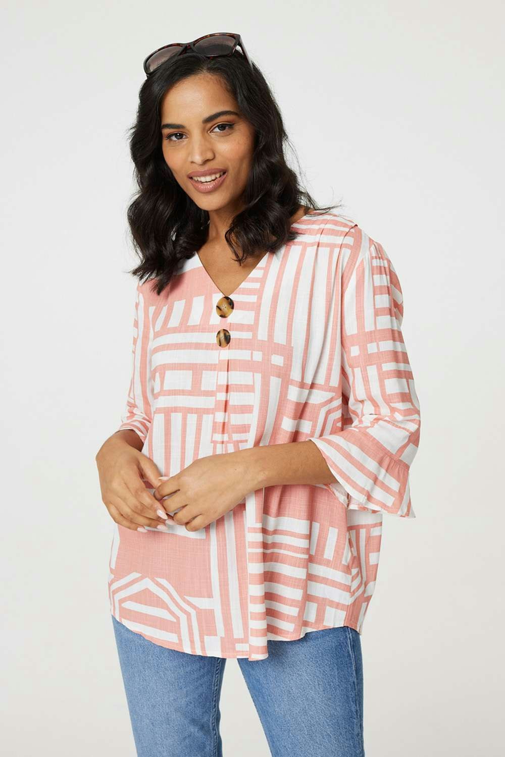 Izabel London Pink Printed 3/4 Flare Sleeve Blouse - 12