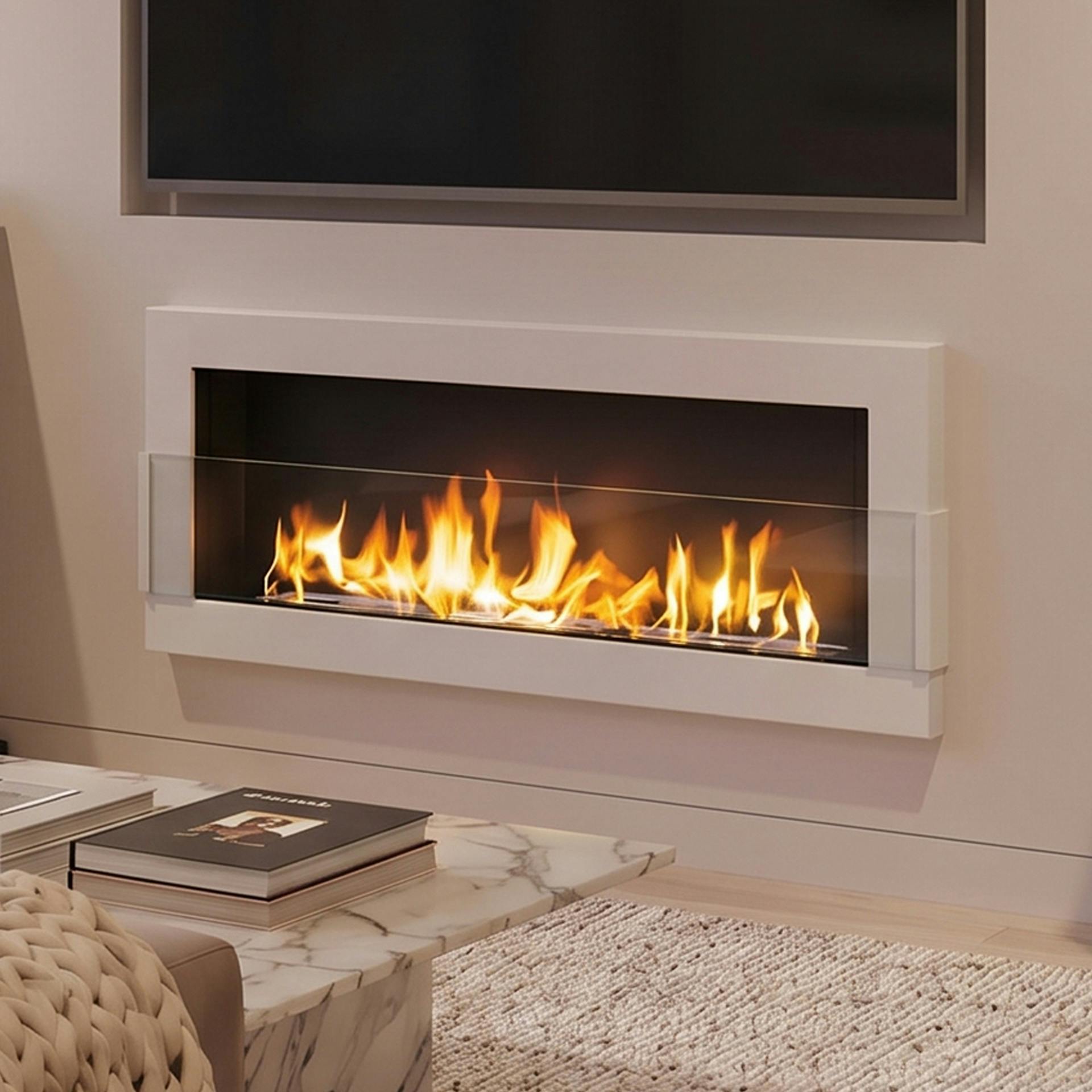 Biofireplacesgmt White Bioethanol Fireplace Wall Mounted 1200X400 Gloss With Glass Ventless - Powder-Coated Steel - 40 Cm