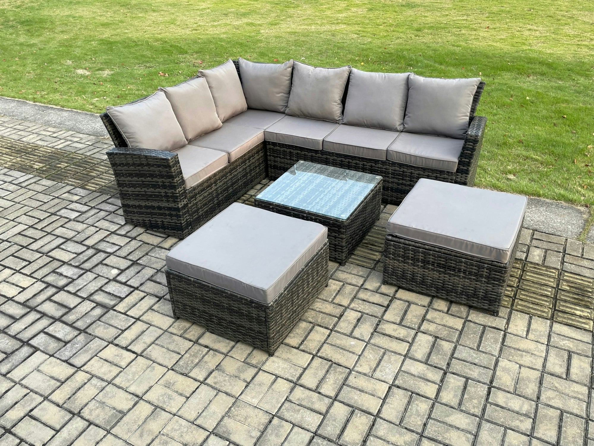 Fimous Dark/Grey Rattan Garden Furniture Set Outdoor Lounge Corner Sofa Set With Square Coffee Table 2 Big Footstool 8 Seater Mixed