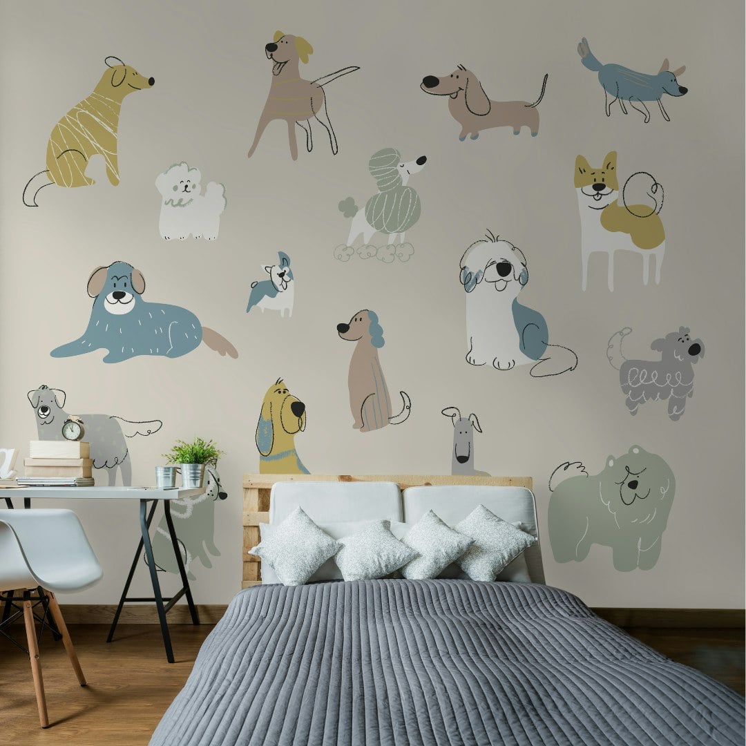 Origin Murals Grey Happy Dogs Wall Mural - Medium - W300cm X H240cm