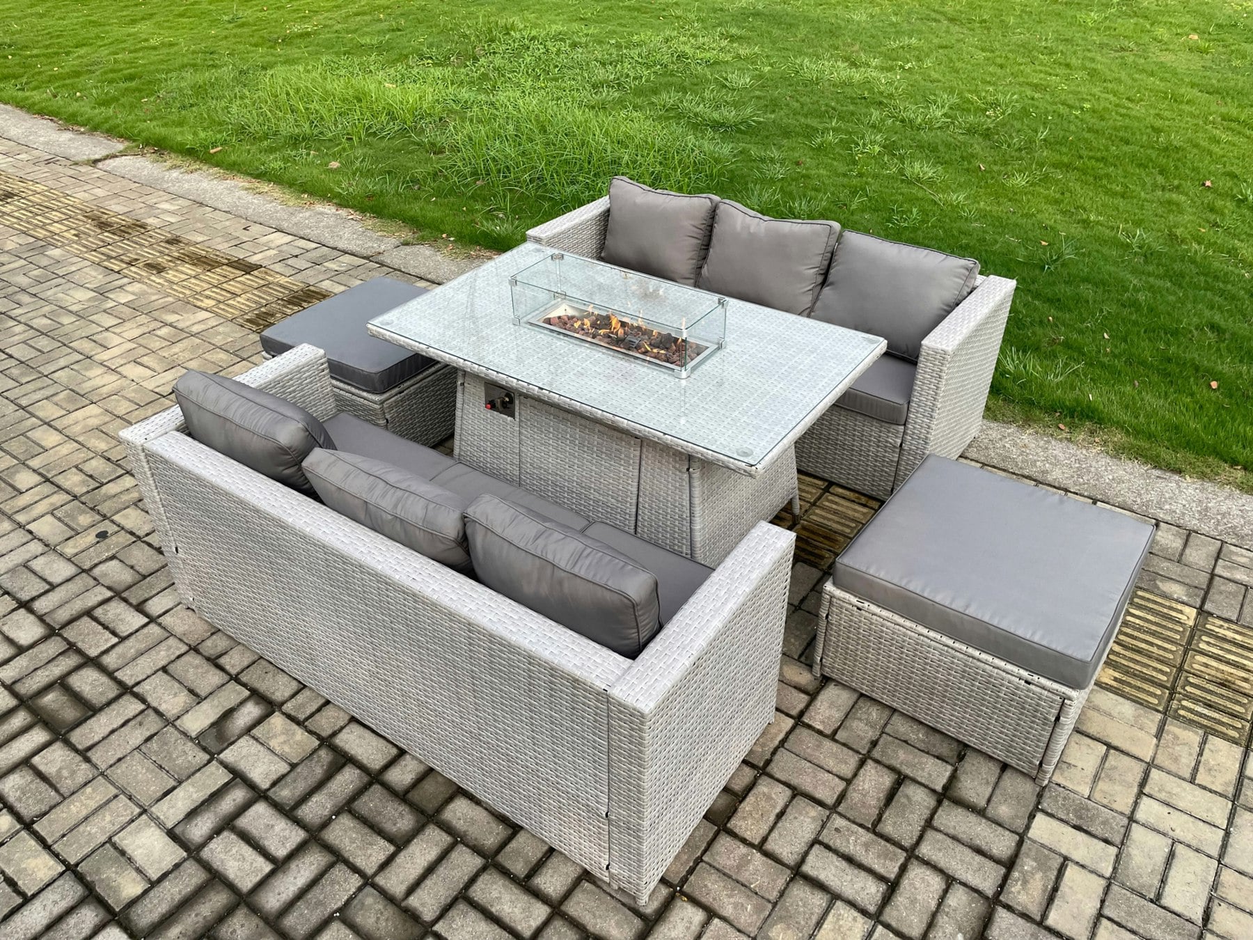 Fimous Light/Grey Rattan Outdoor Garden Furniture Set With Gas Fire Pit Dining Table, 2 Large Footstools, 2 Sofas - 8 Seater