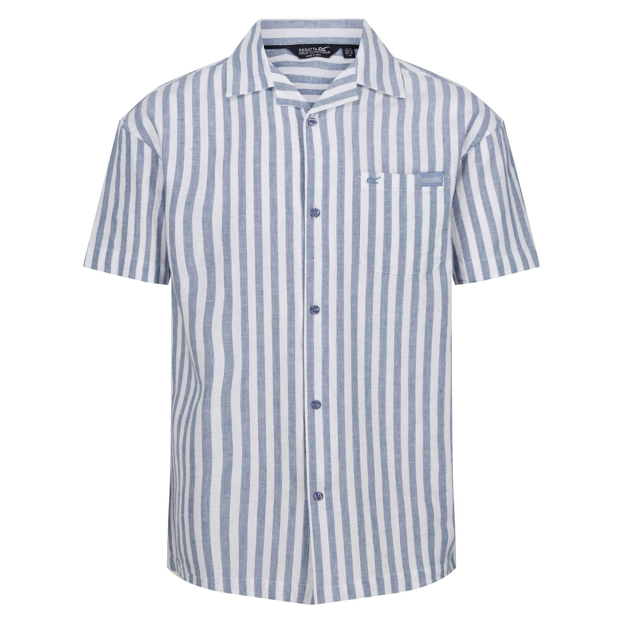 Regatta Men's Blue/White Shorebay Ii Stripe Short-Sleeved Shirt - Coronet - Xl - Coronet - 80% Cotton/20% Linen
